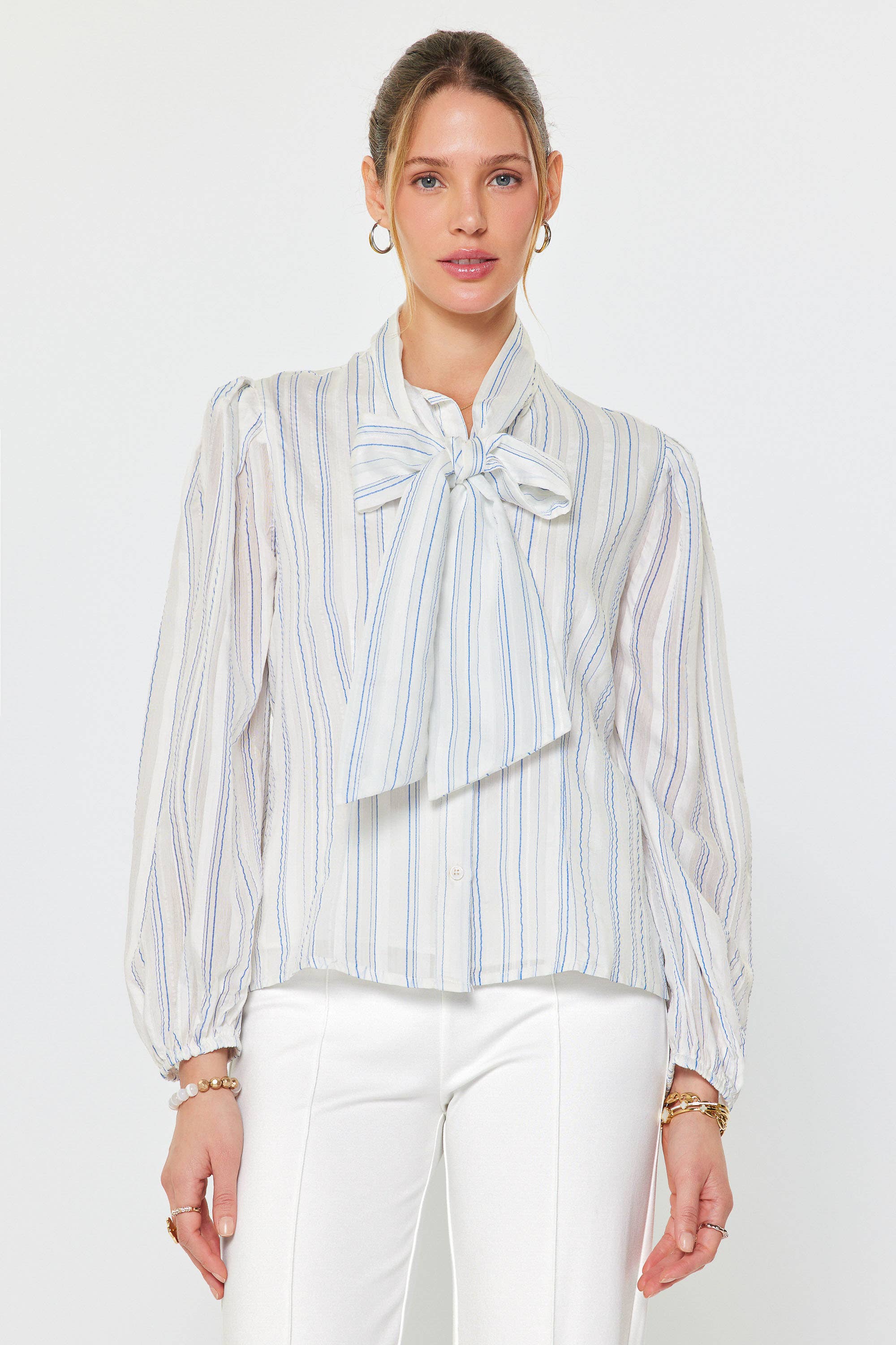 Puffed Long Sleeve Neck Tie Shirt