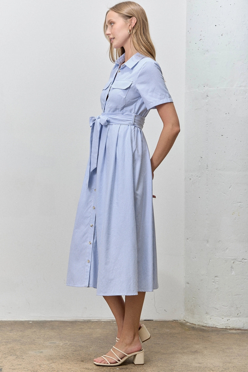 Striped Button Up Collar Shirt Dress