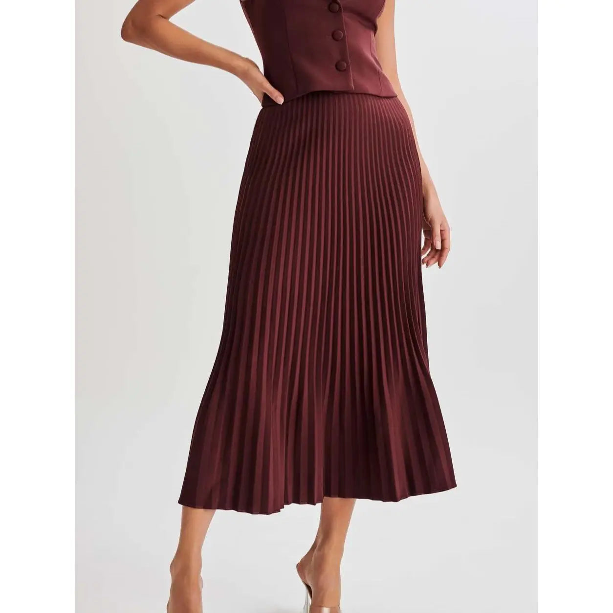 High-Waisted Pleated Maxi Skirt Burgundy