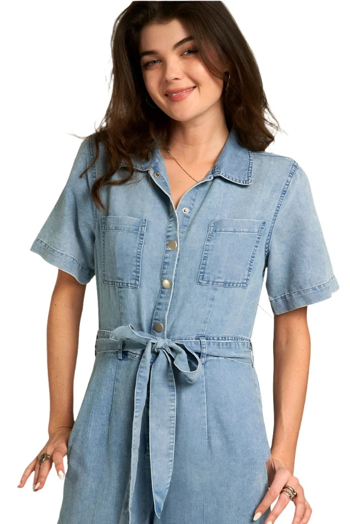 Short Sleeve Denim Tencel Jumpsuit