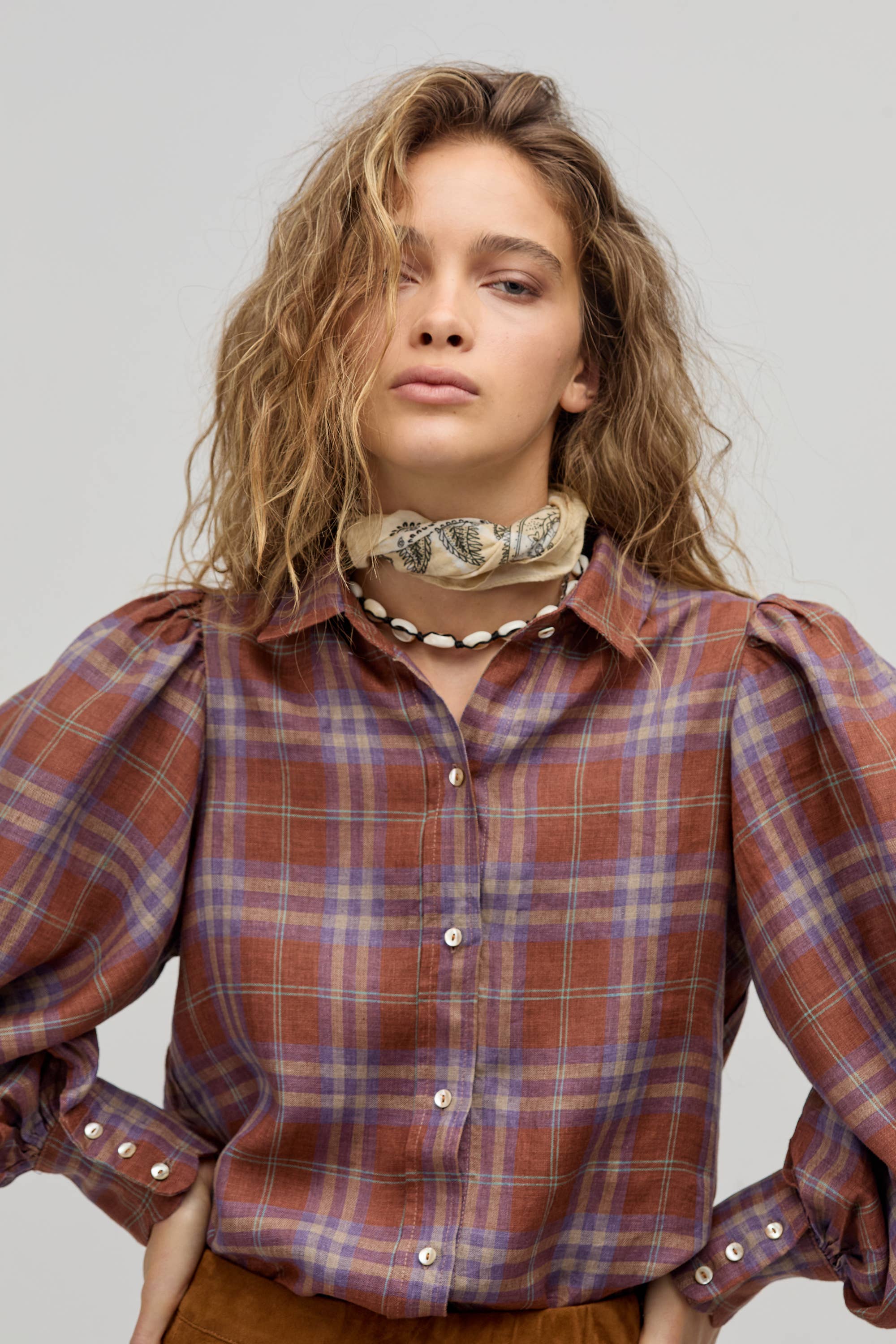 Camille Linen Shirt Hazelnut Checks
