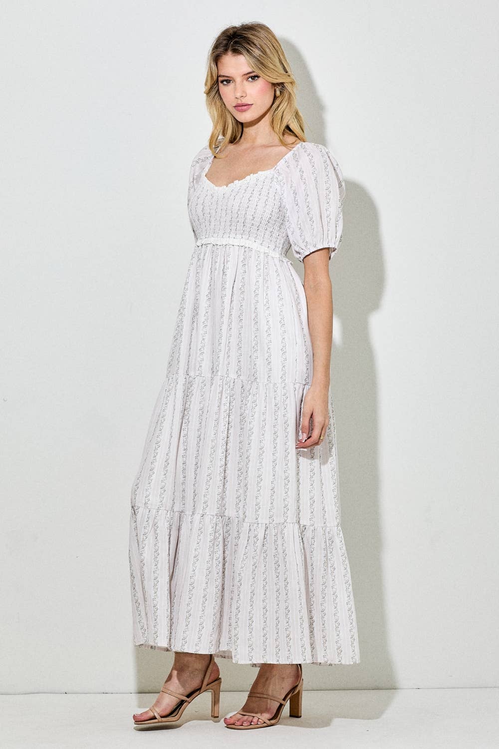 Eyelet Trim Smocked Maxi Dress