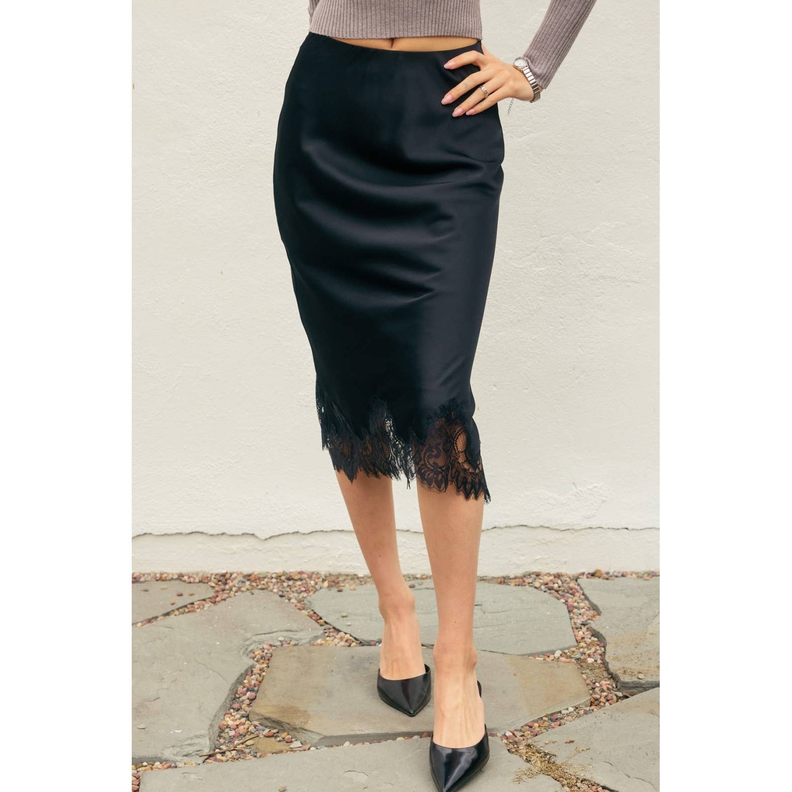 Satin Lace Hem Pencil Skirt Black