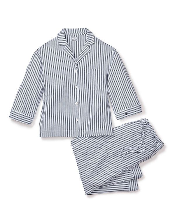 The Olivia Wide Leg Pima Pajama Set in Navy French Ticking
