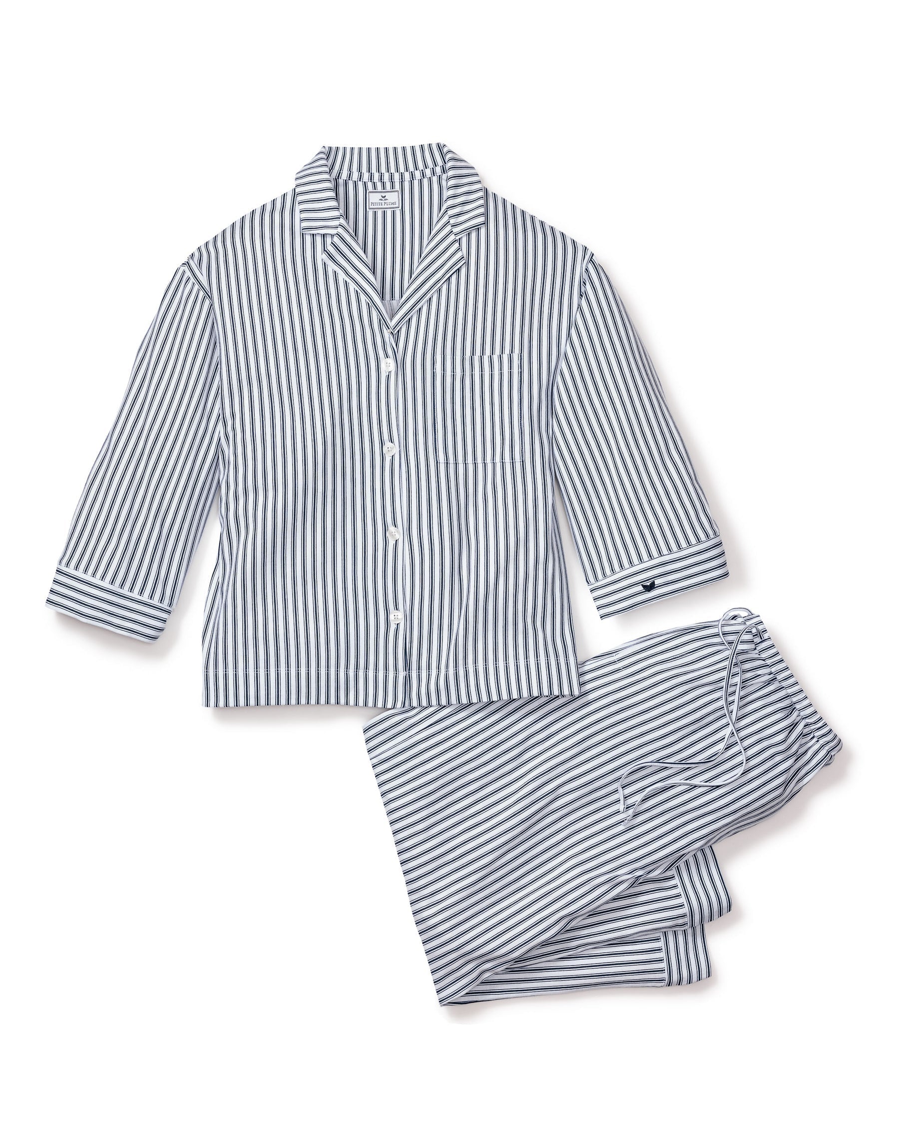 The Olivia Wide Leg Pima Pajama Set in Navy French Ticking