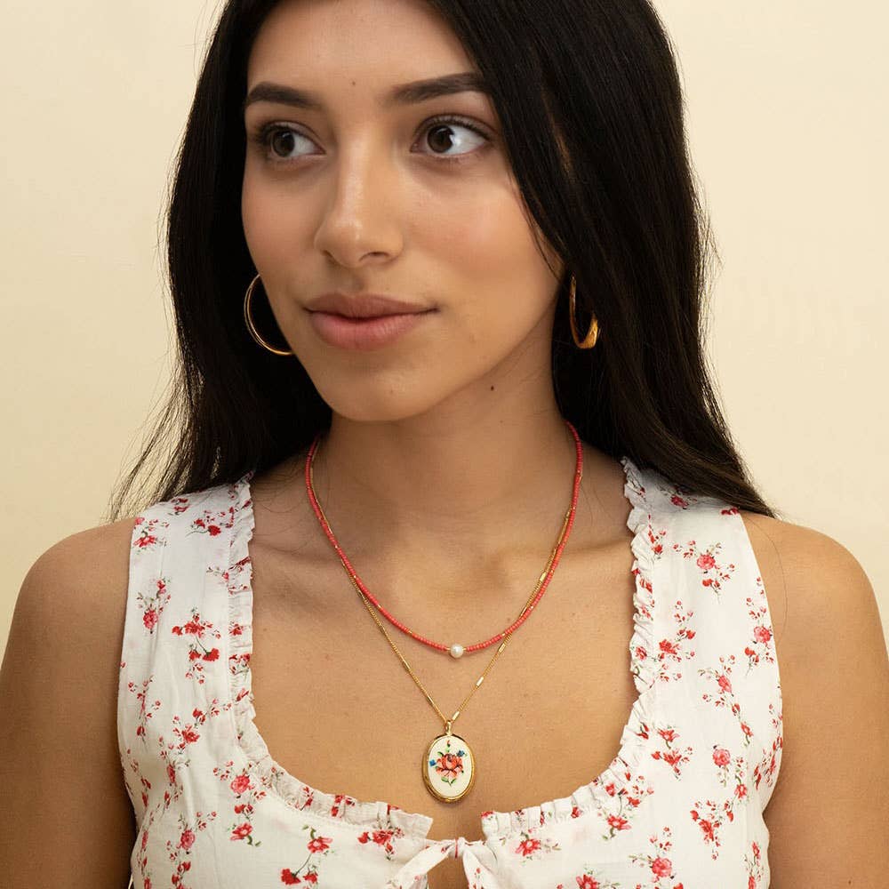 Coral Miyuki Bead and Pearl Necklace