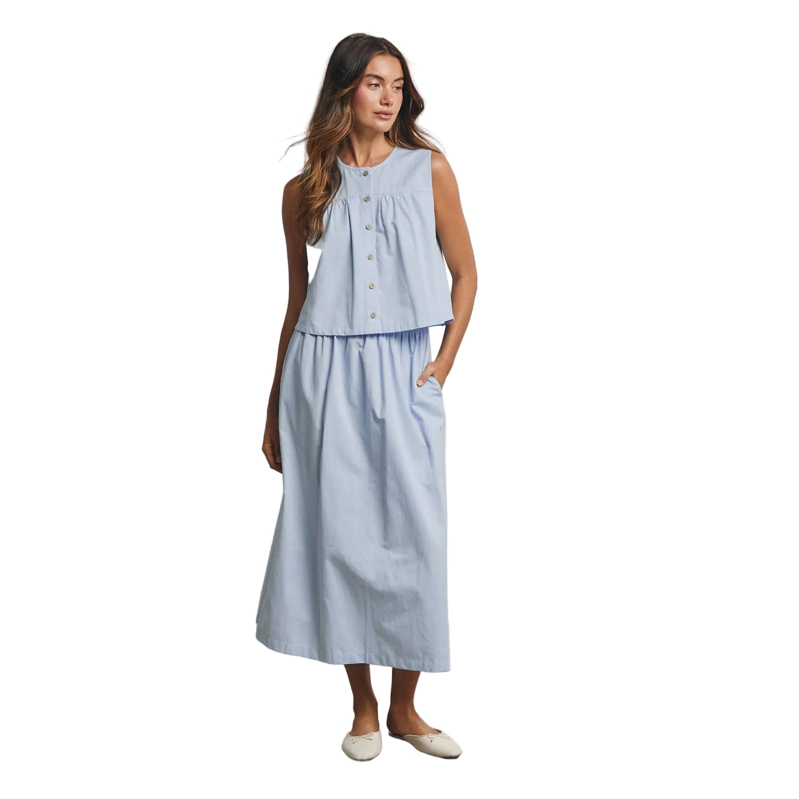 Cotton Button-Up Sky Tank Top and Skirt Set