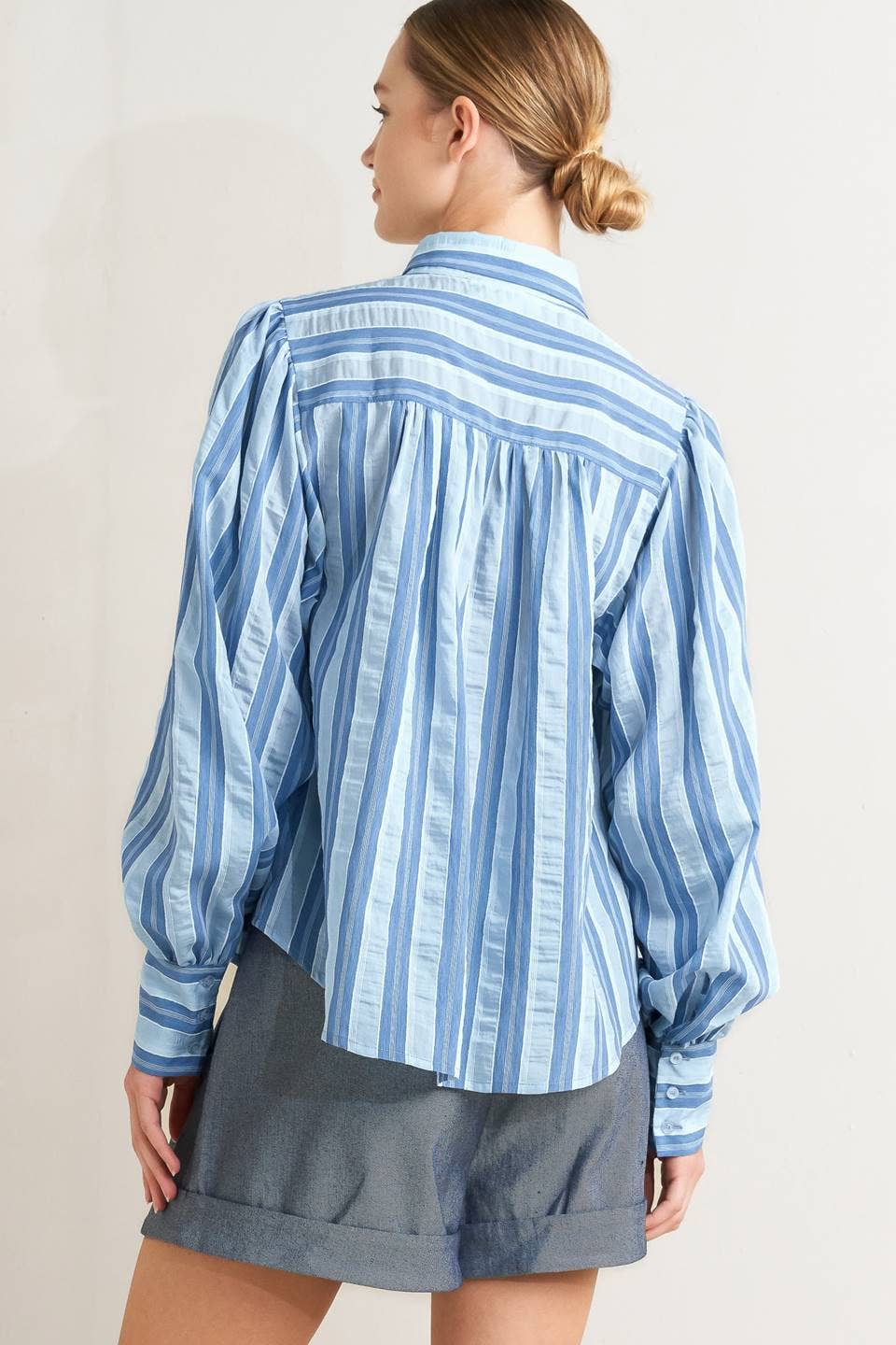Blue Striped Balloon Sleeve Blouse