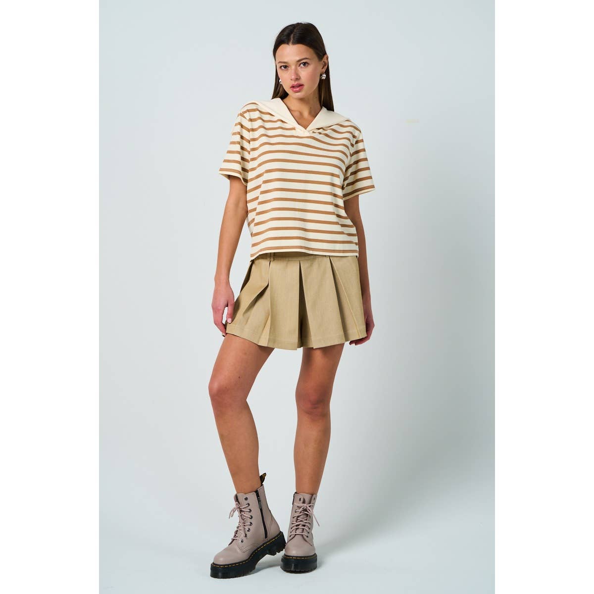 Taupe Sailor Collar Striped Top