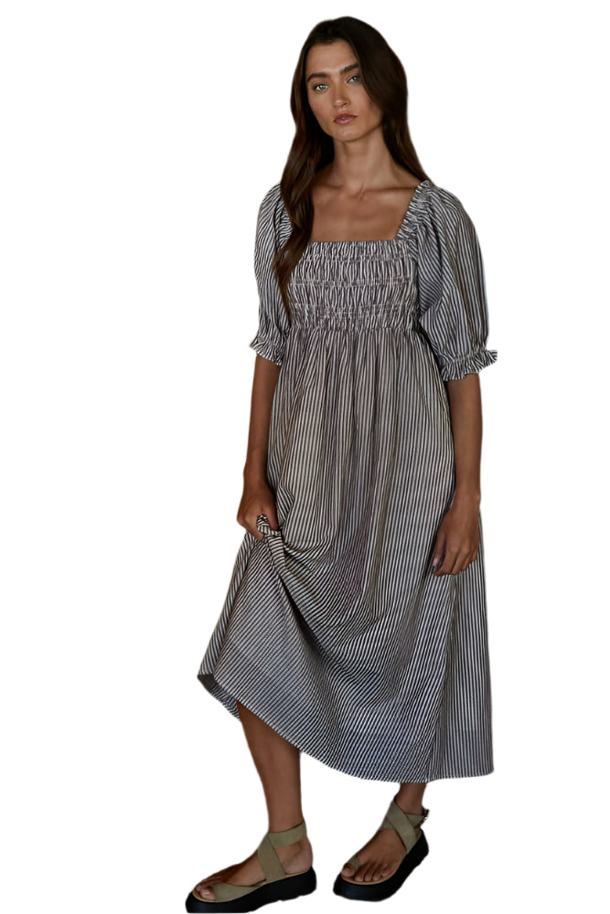 Woven Striped Smocked Midi Dress