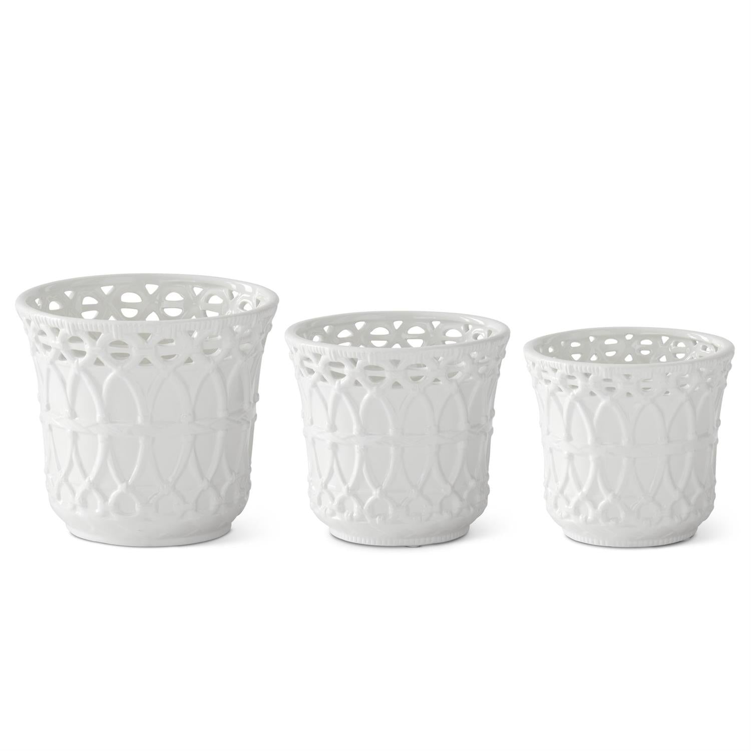 White Ceramic Basket Weave Embossed Pot