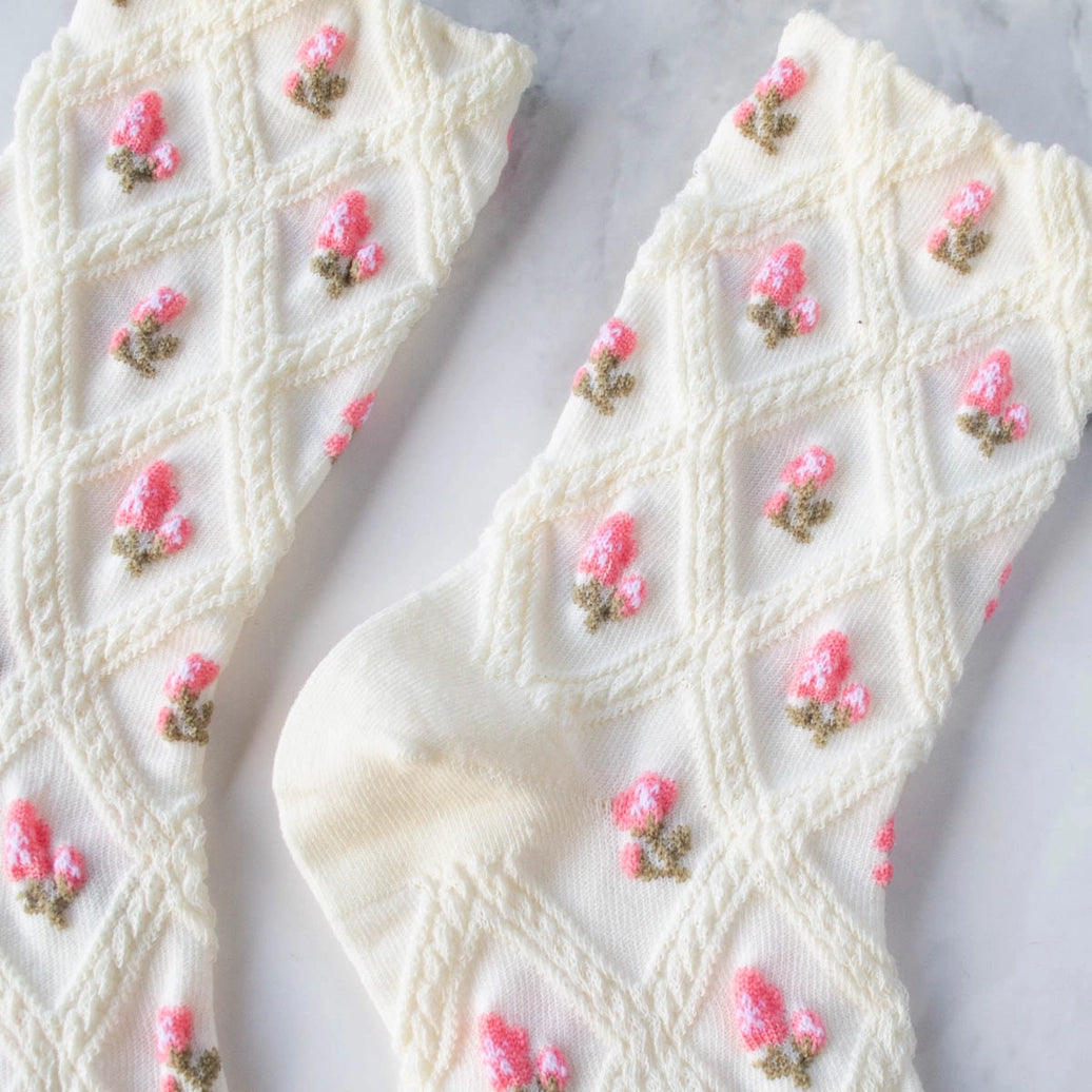 Floral Casual Socks Cream/Pink