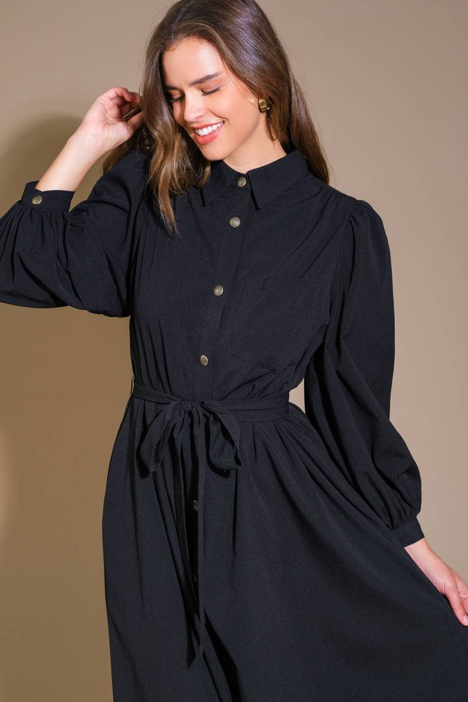 Solid Woven Black Midi Dress