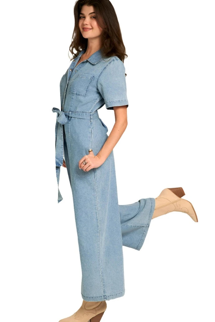 Short Sleeve Denim Tencel Jumpsuit