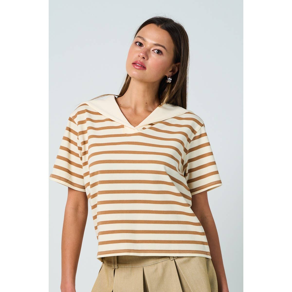 Taupe Sailor Collar Striped Top