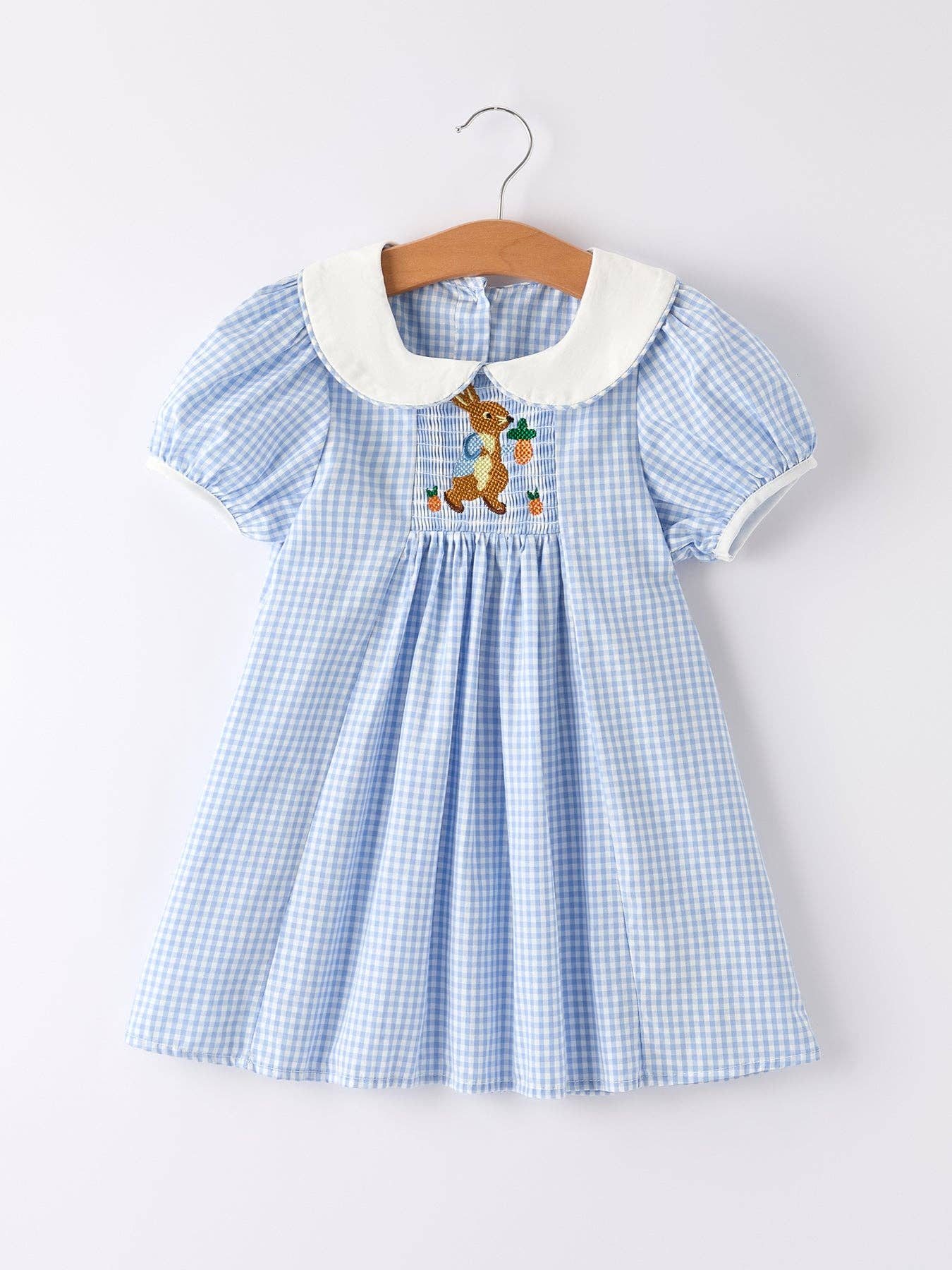 Blue Rabbit Embroidery Plaid Collar Dress