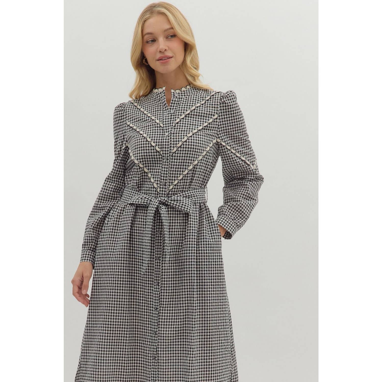 Navy Gingham Long Sleeve Midi Dress