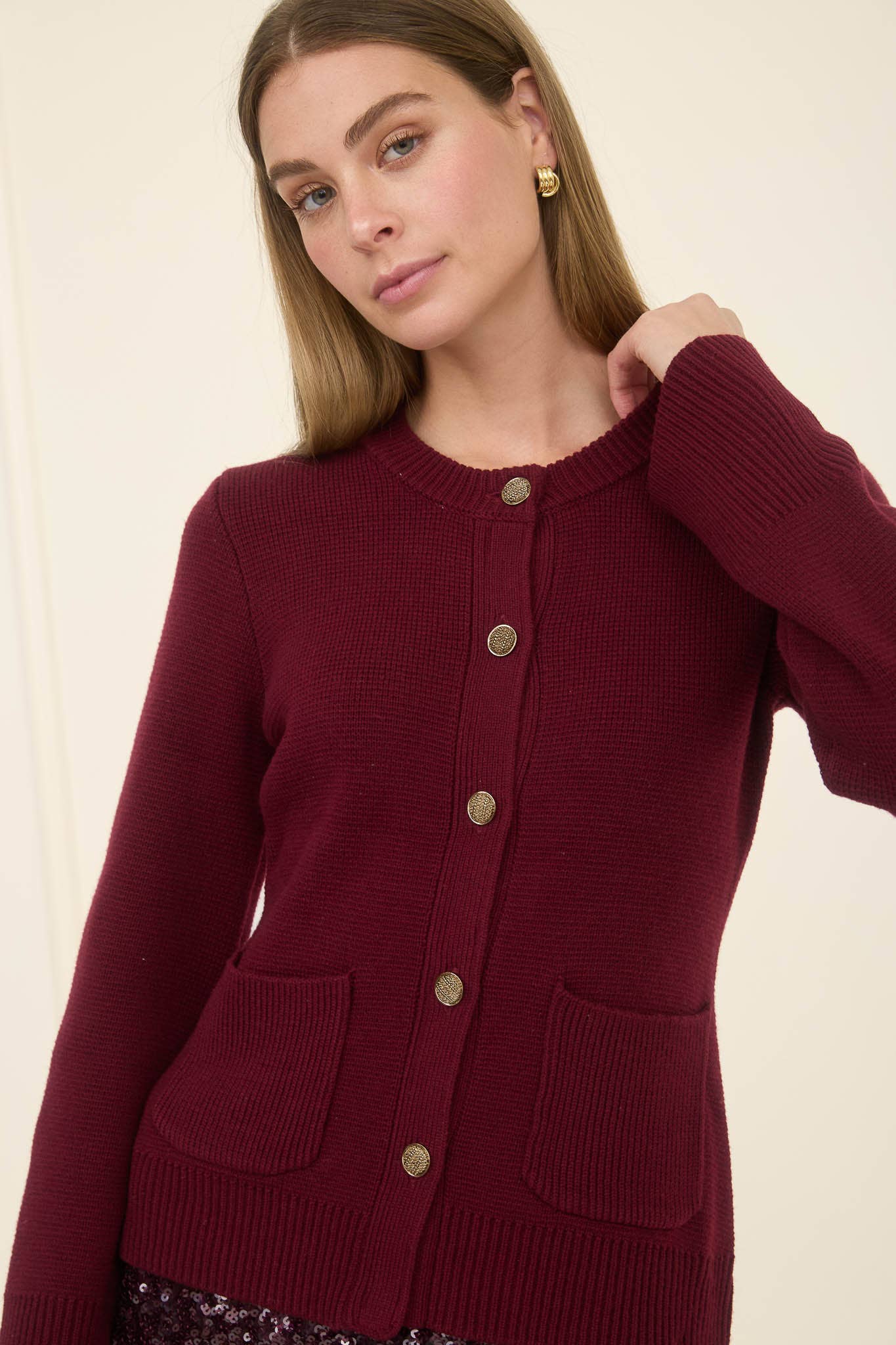 Plum Crew Neck Button Cardigan