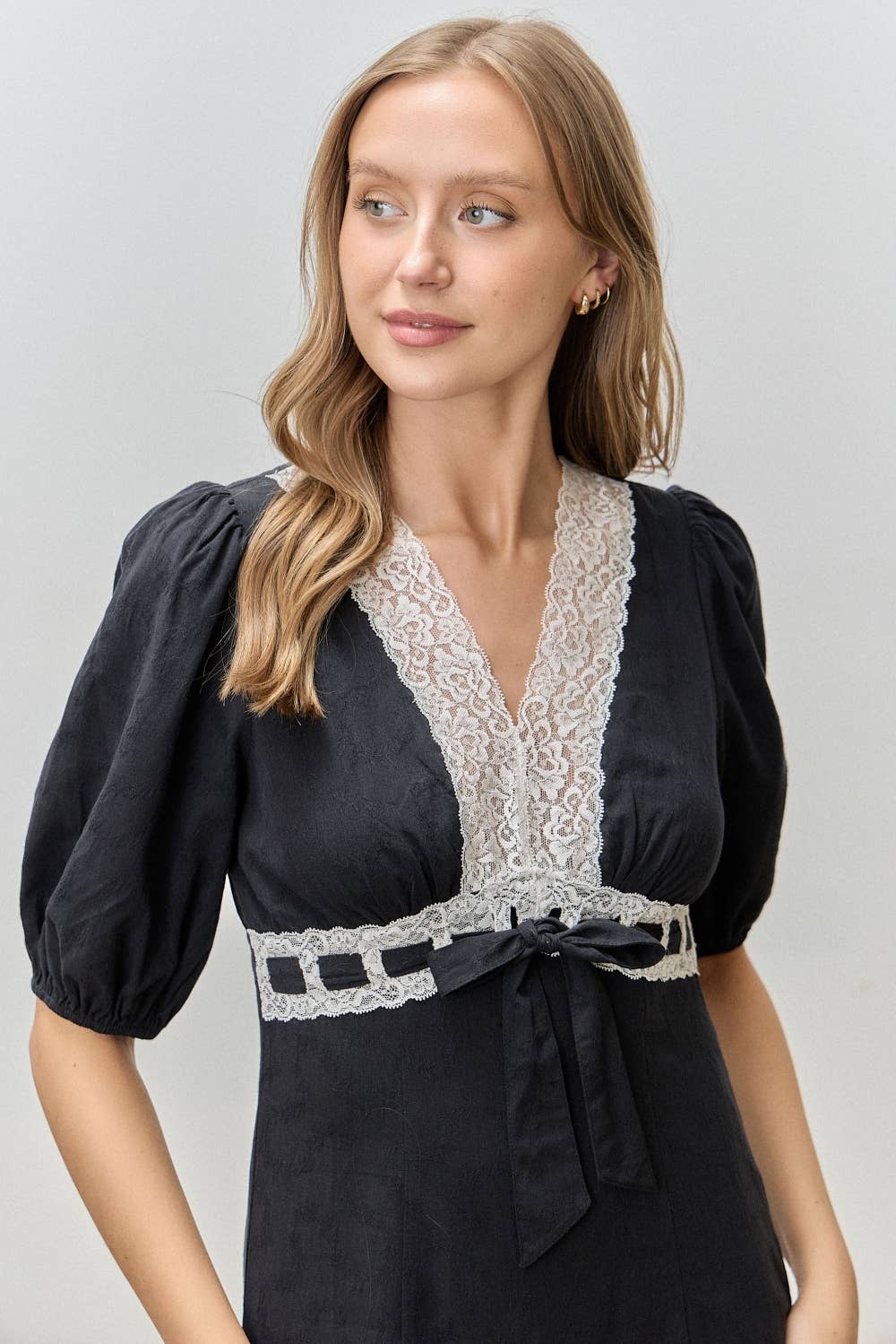 Jacquard Woven Lace Trim Tie Midi Dress Black