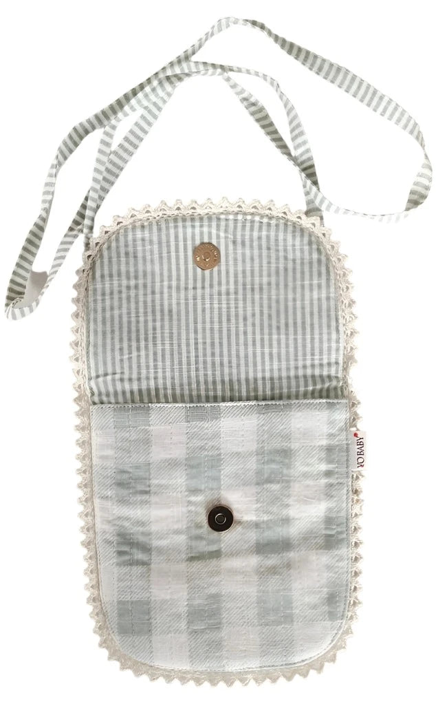 Sage Checks & Stripe Kids' Small Tote Bag with Magnetic Closure and Lace Detailing