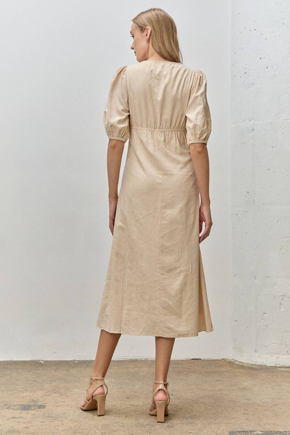 Jacquard Woven Lace Trim Tie Midi Dress Beige