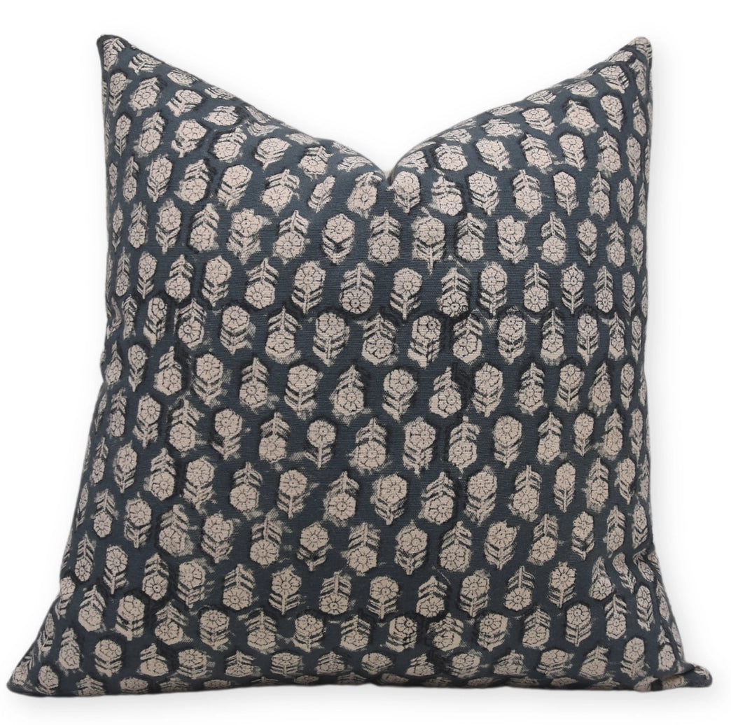 Hand Block Print Cotton Cushion Cover - Tulsi Buti Duck Canvas, One Side Print