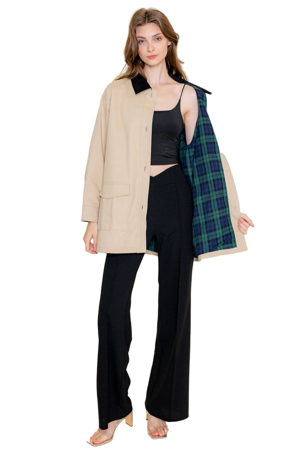 Contrast Plaid Collar Oversized Jacket