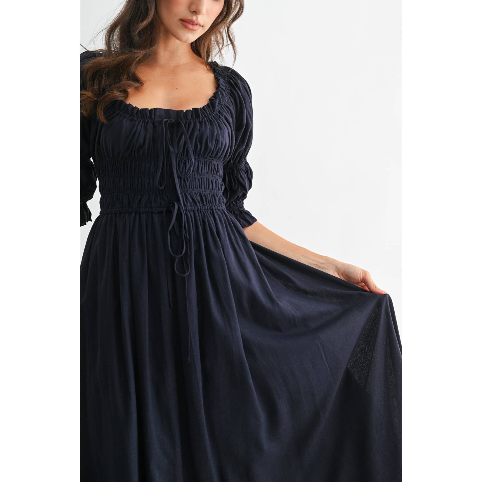 Navy Smocked Midi Dress with Pleated Skirt