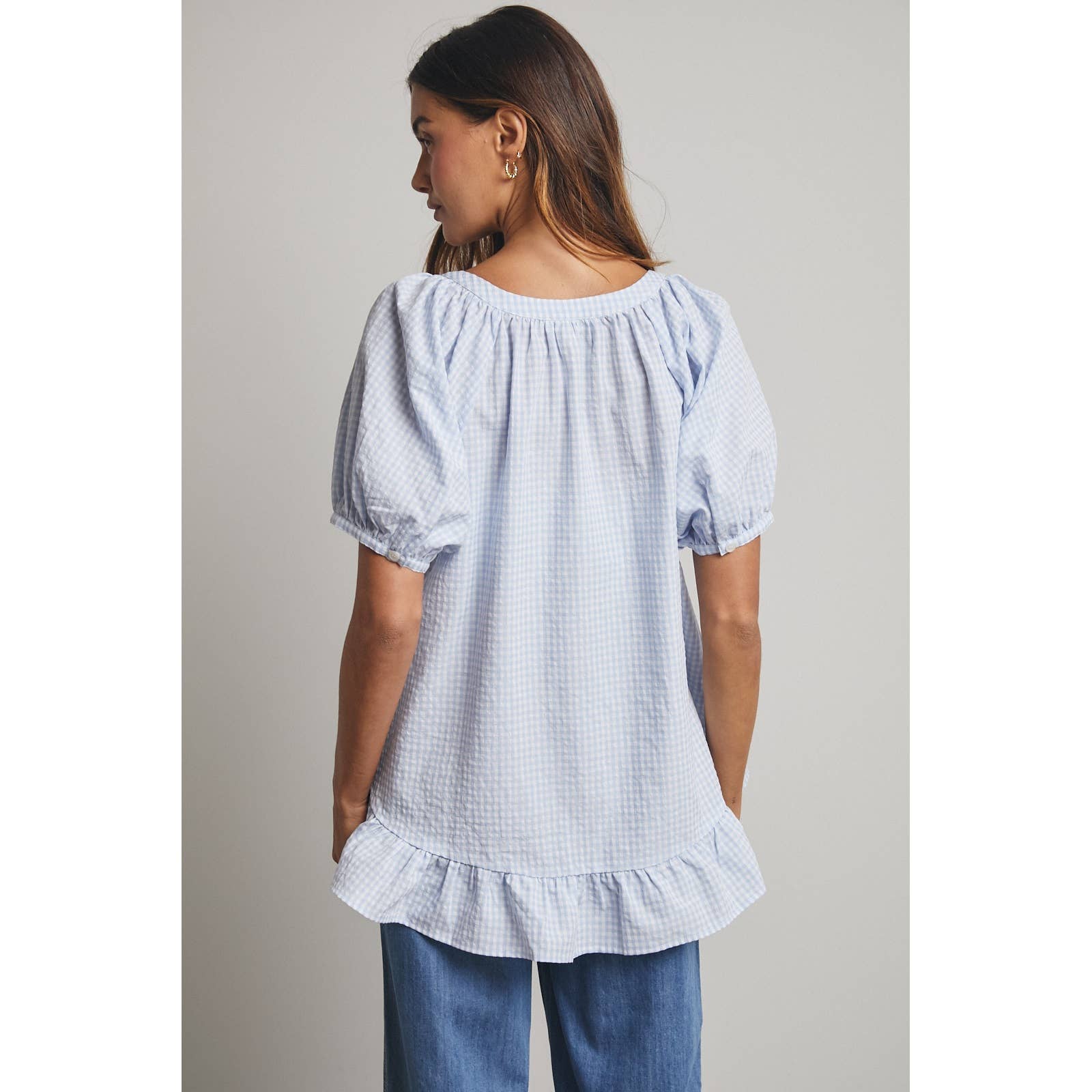 Gingham Sky Hi-Low Ruffle Blouse