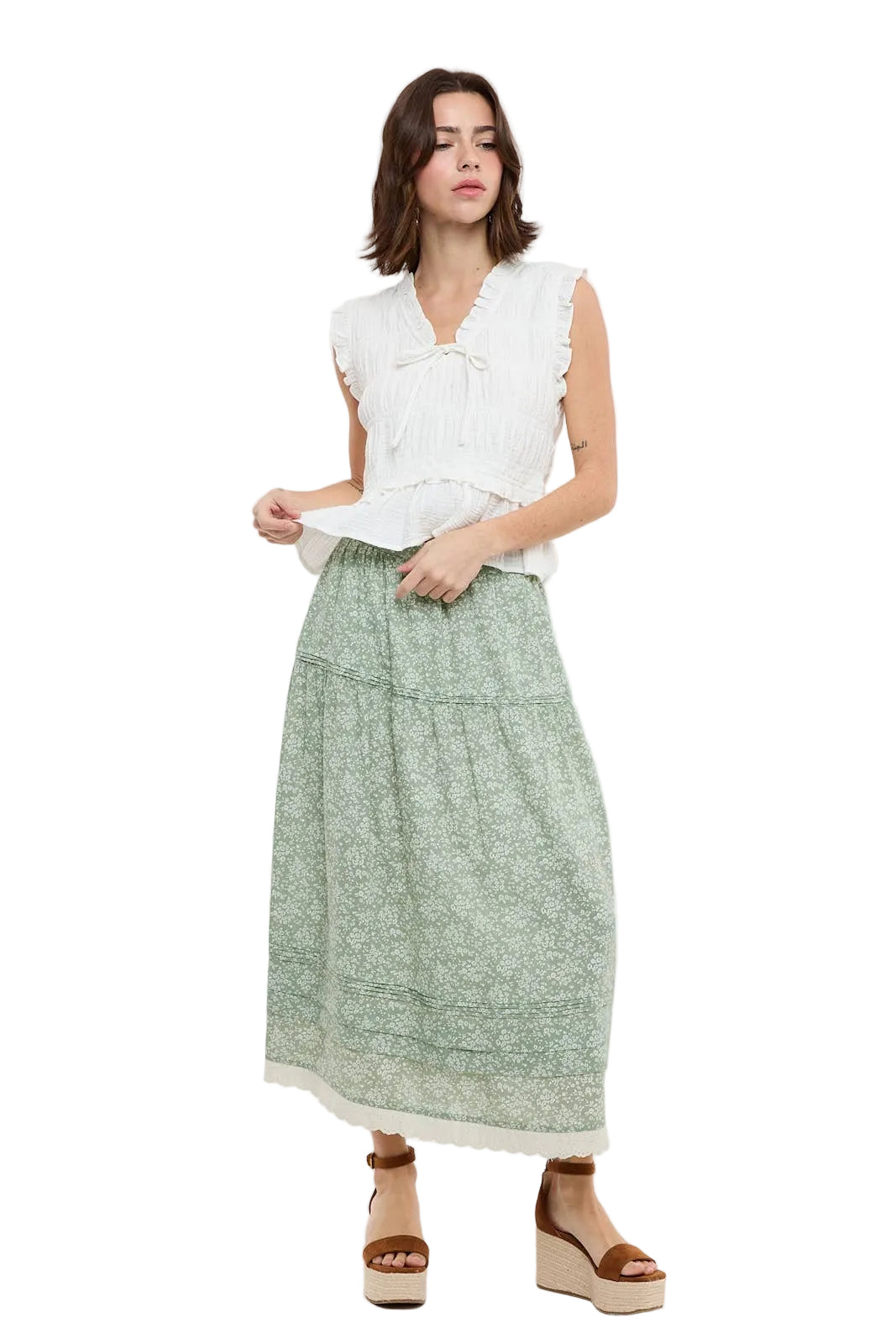 Floral Trim Hem Midi Skirt