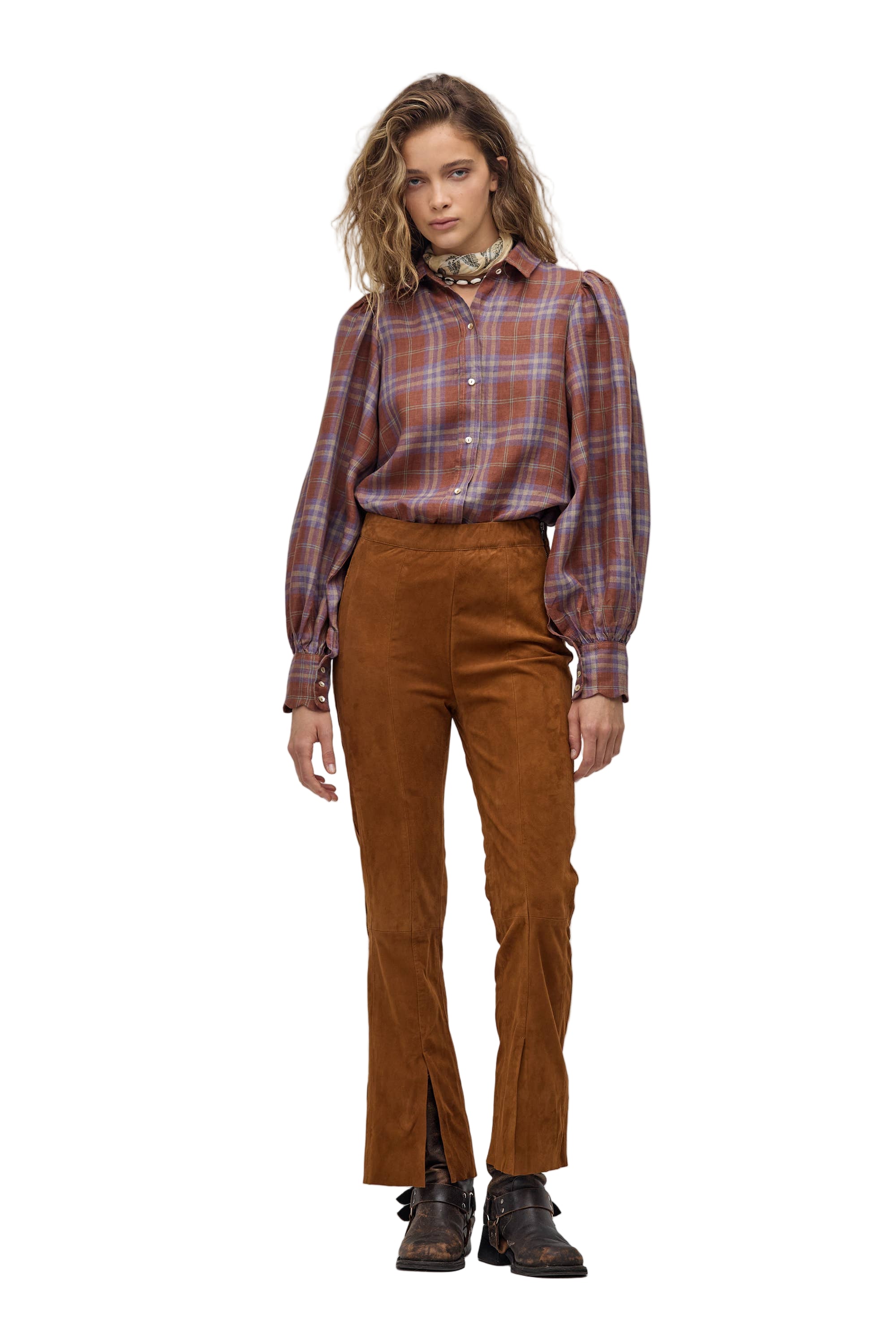 Camille Linen Shirt Hazelnut Checks