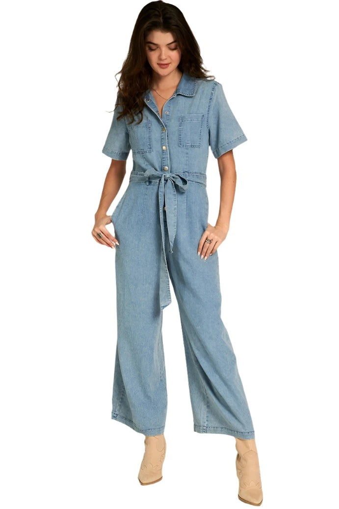 Short Sleeve Denim Tencel Jumpsuit