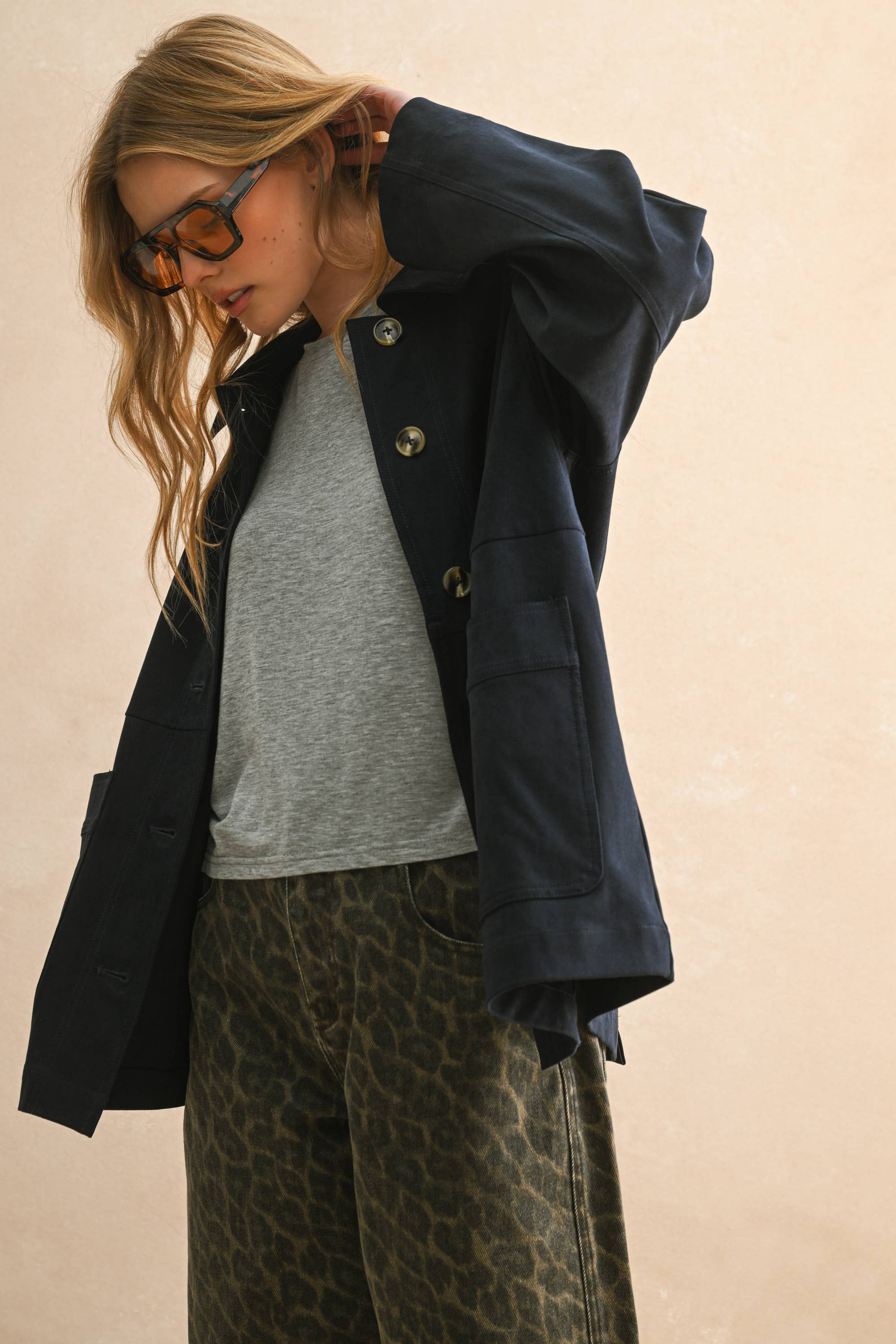 Suede Button Front Jacket Navy