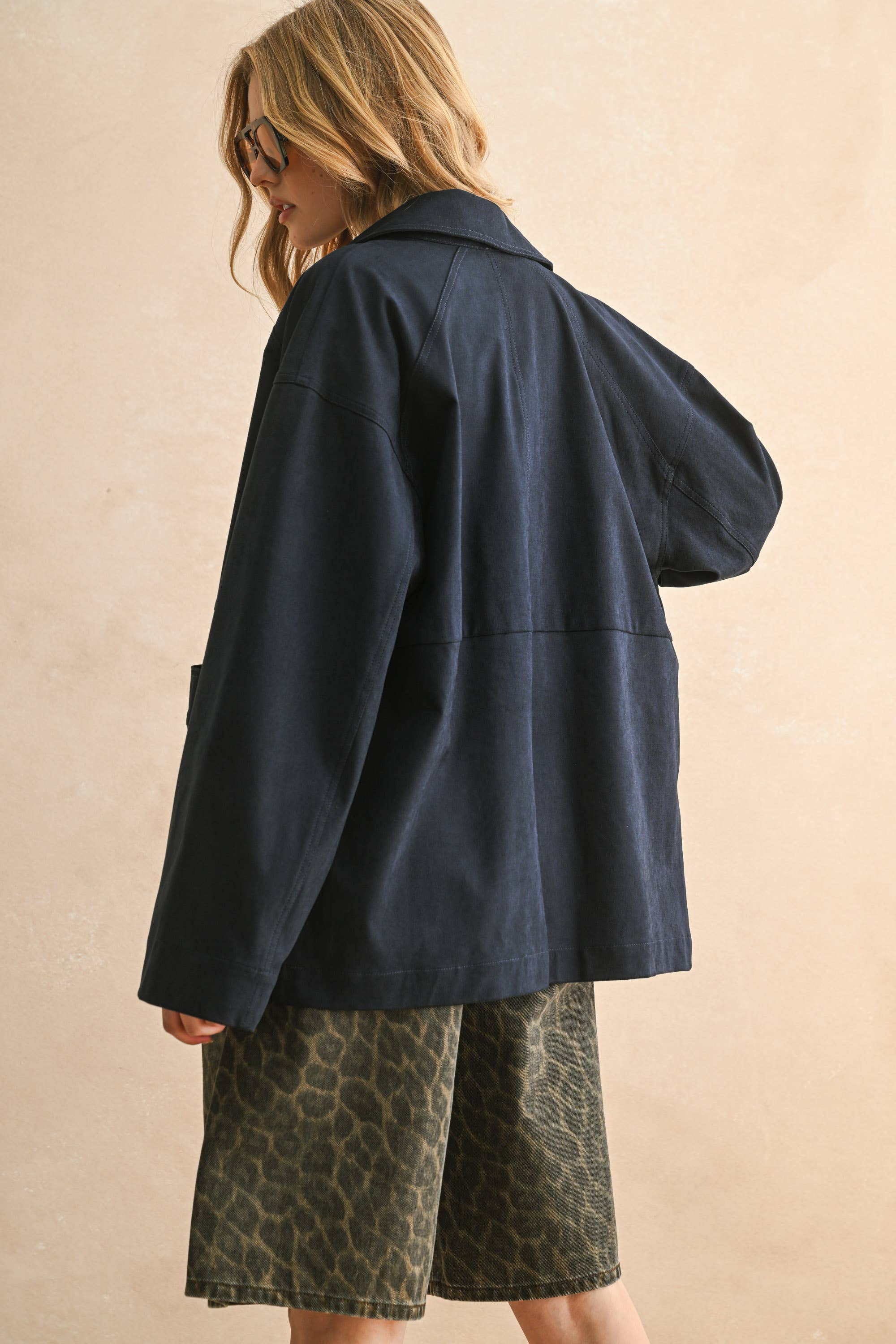 Suede Button Front Jacket Navy
