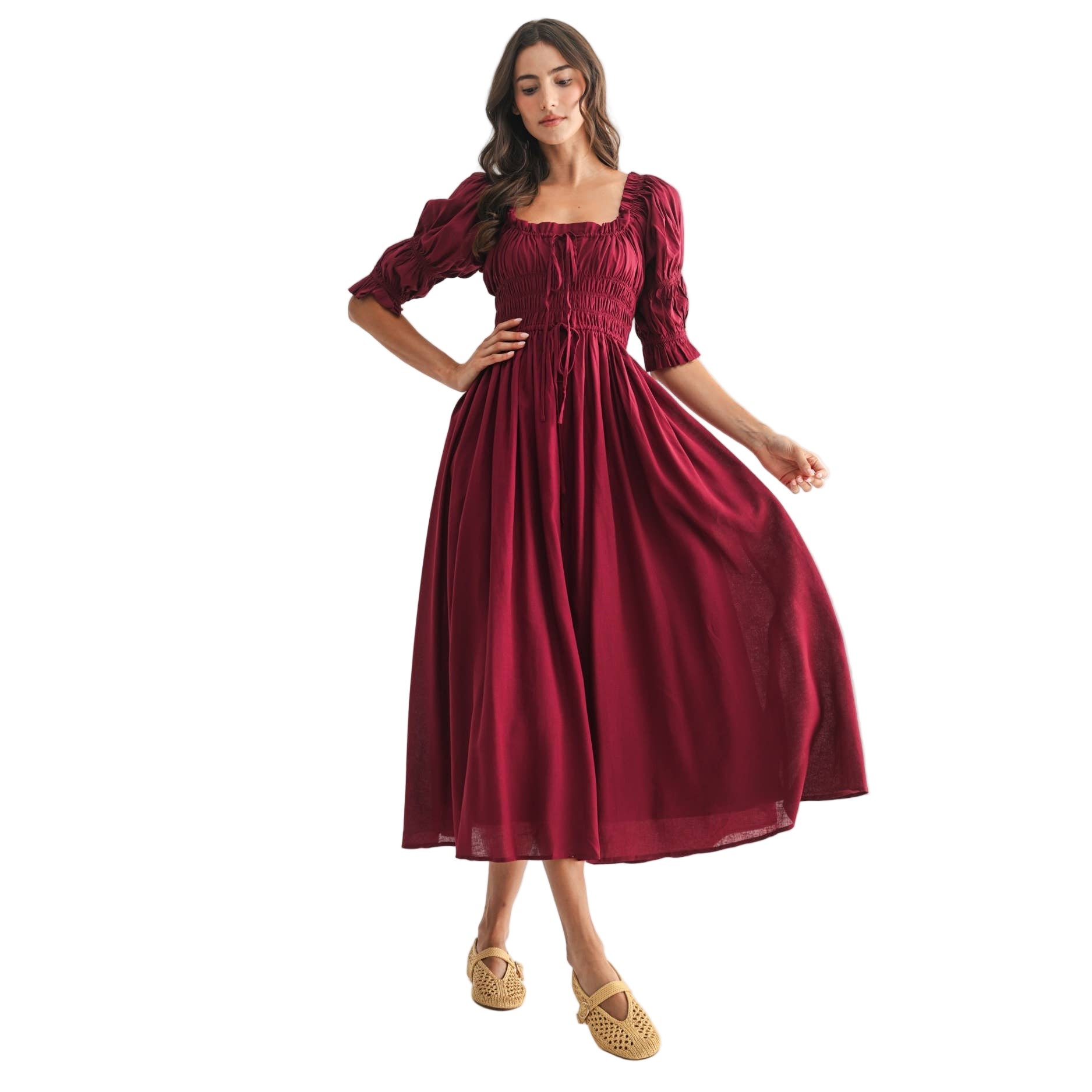 Burgundy Smocked Midi Dress with Pleated Skirt