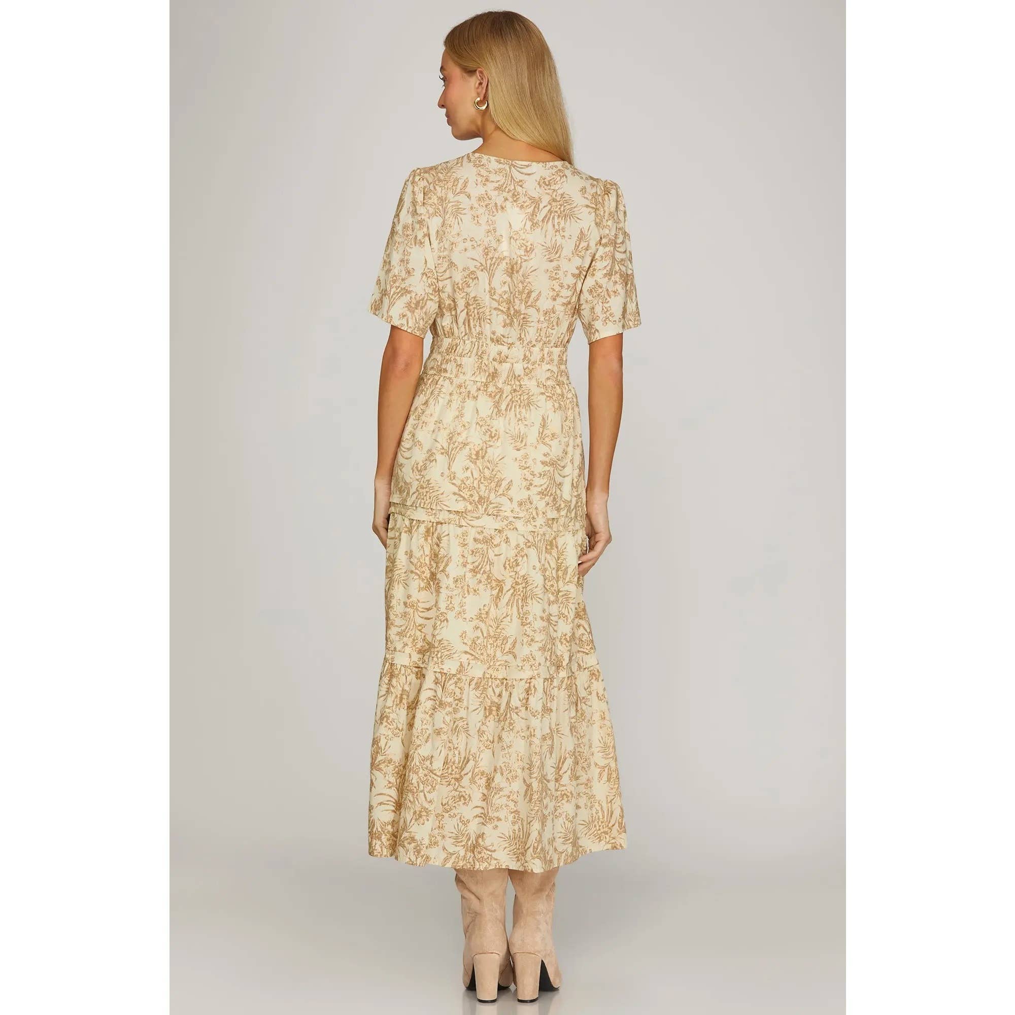 Woven Floral Print Tiered Midi Dress