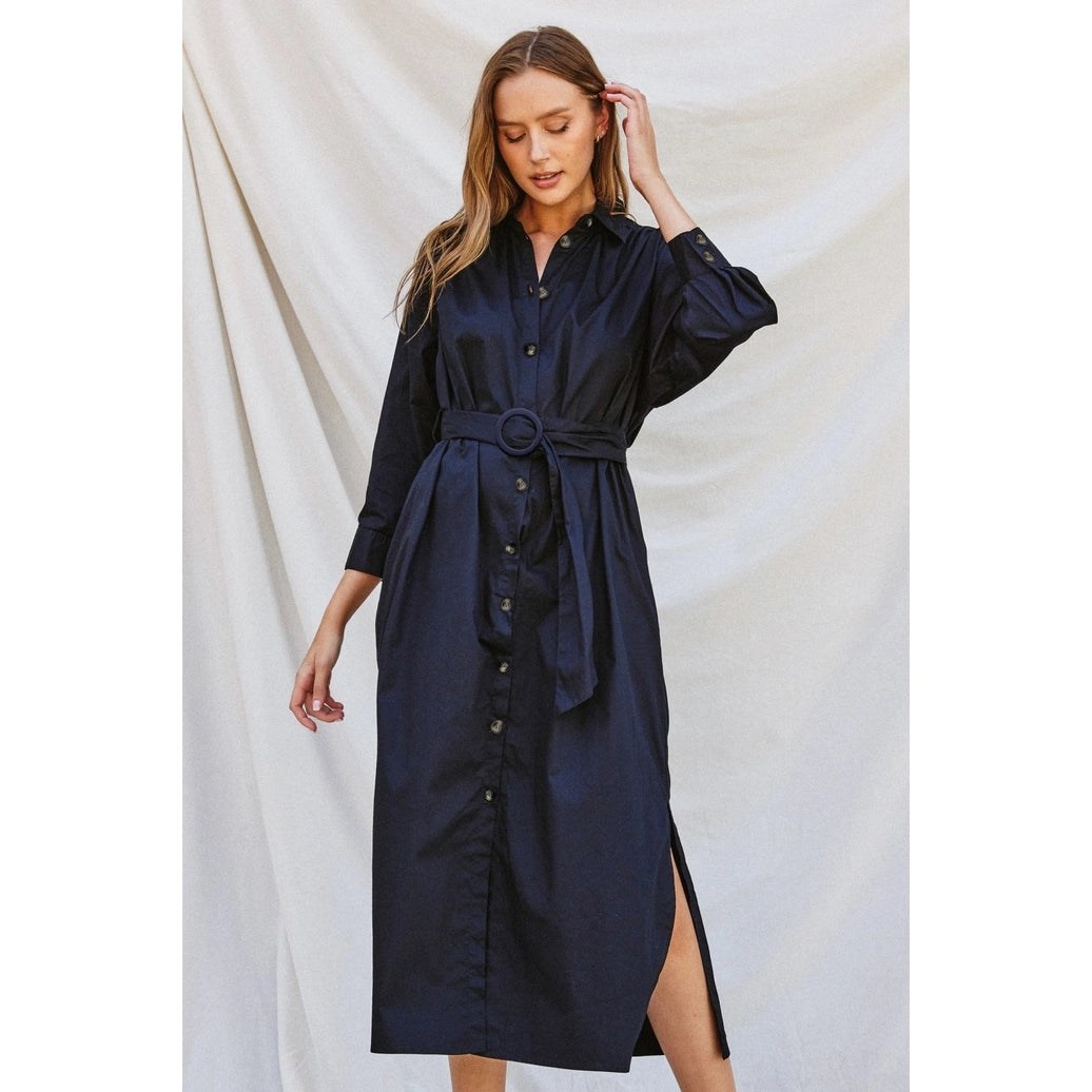 Cotton Poplin Buckled Belt Shirt Dress