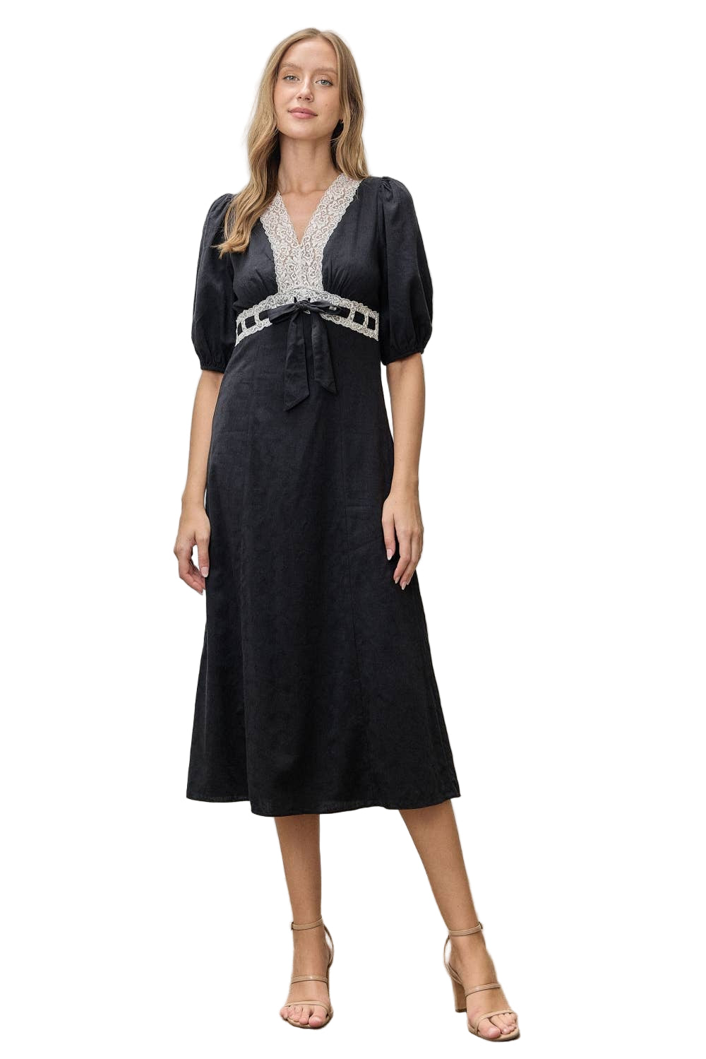 Jacquard Woven Lace Trim Tie Midi Dress Black