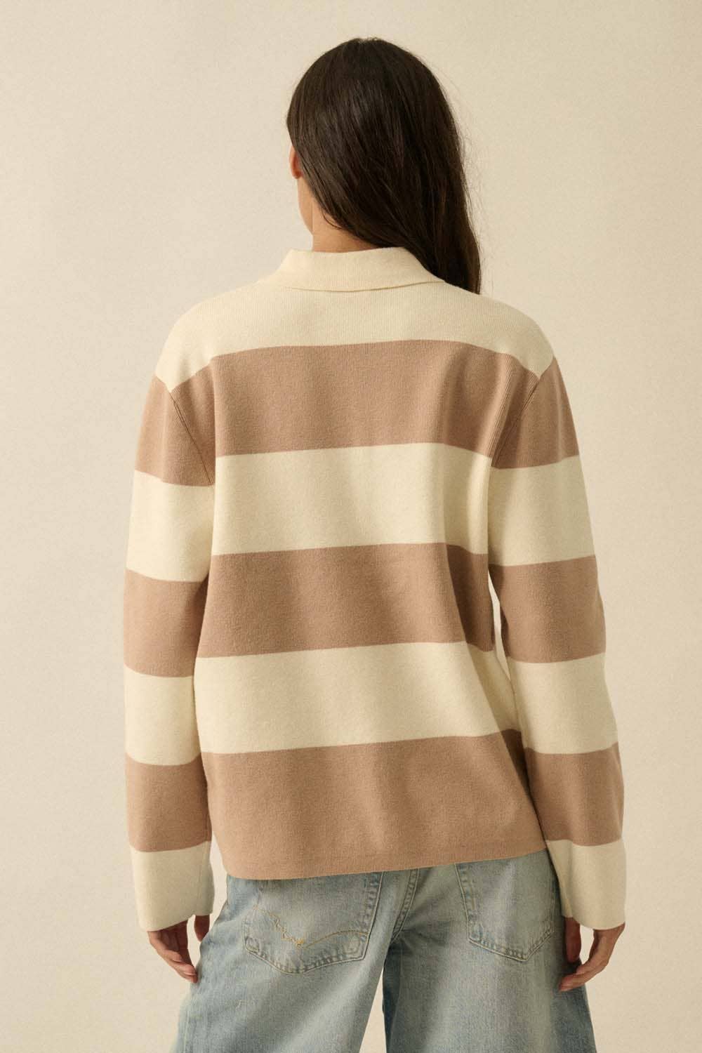 Striped Ribbed Knit Collared Rugby Sweater