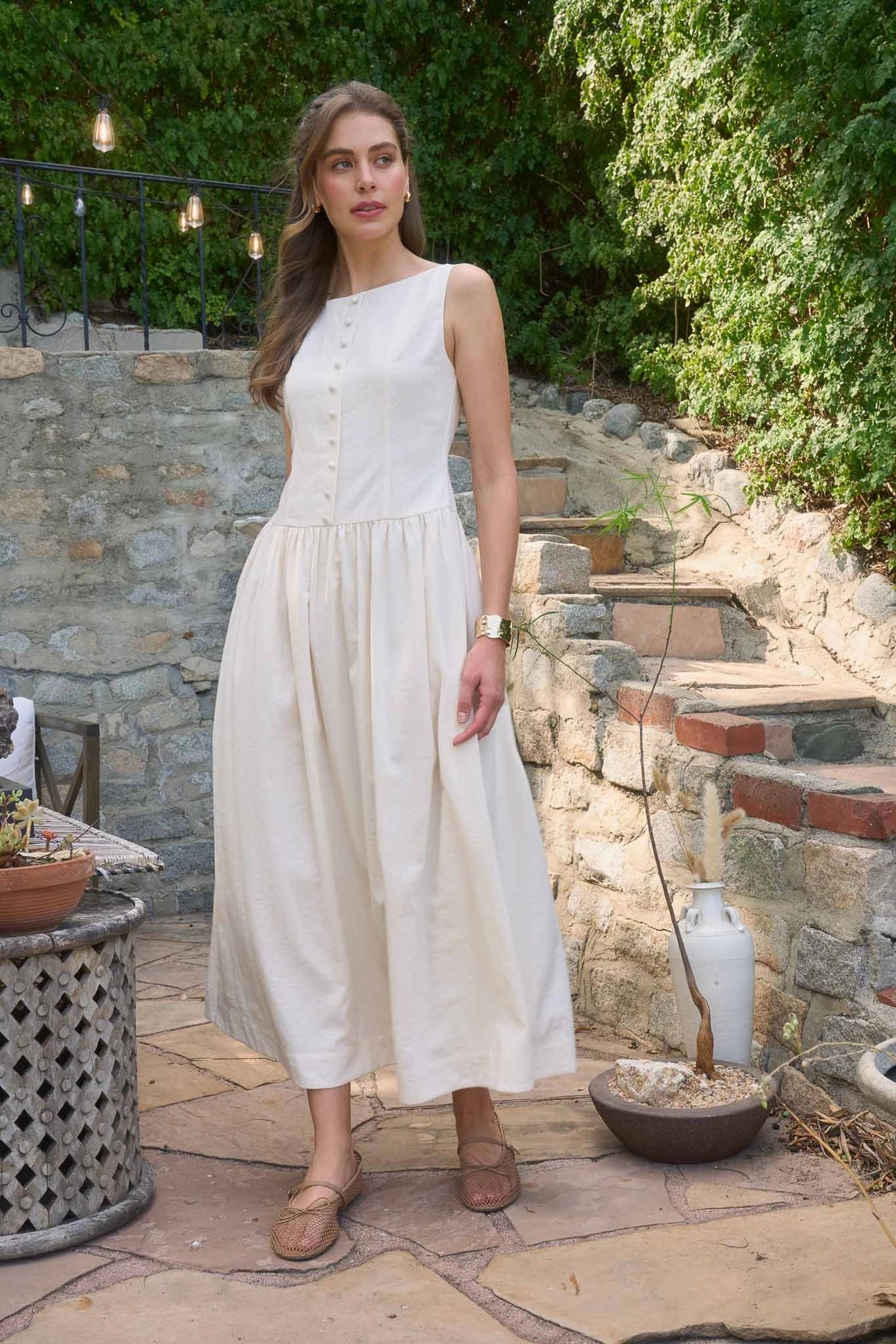Boat Neck Front Button Midi Dress