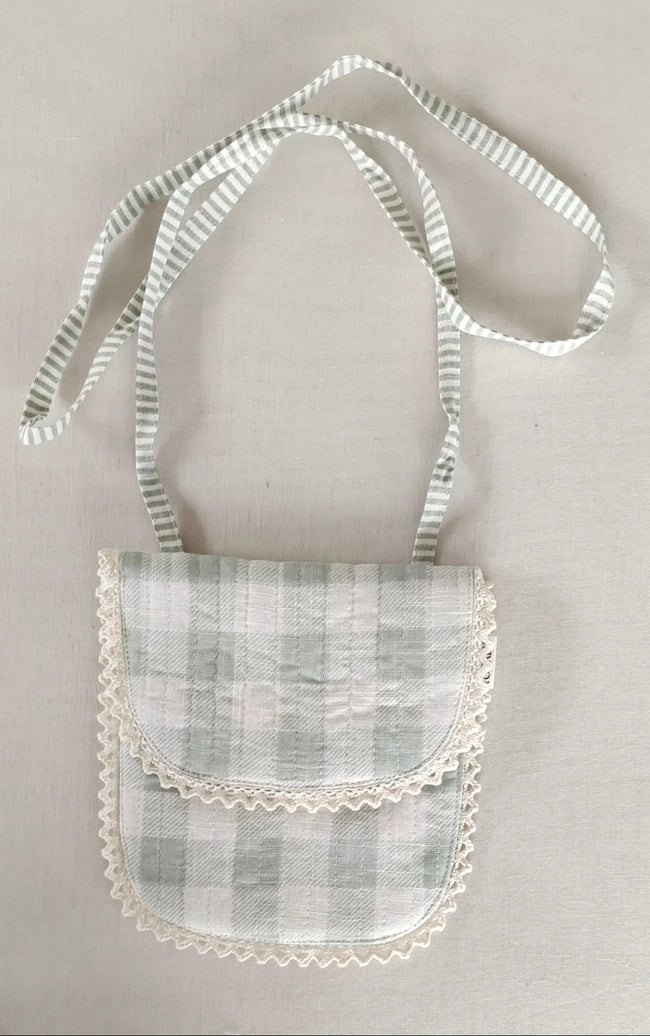 Sage Checks & Stripe Kids' Small Tote Bag with Magnetic Closure and Lace Detailing