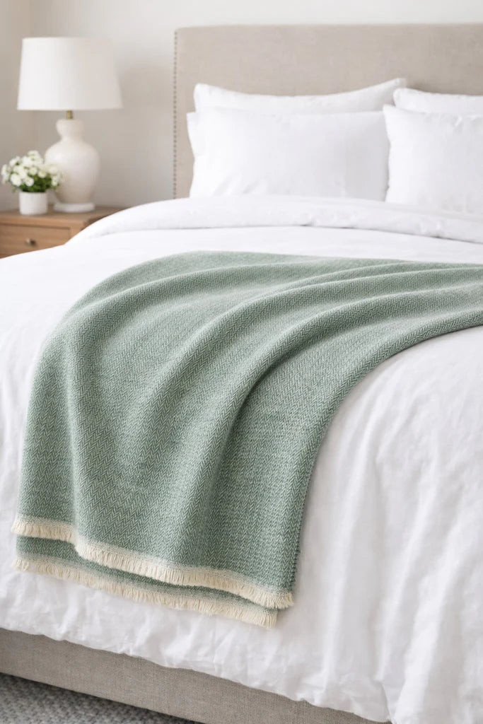 Cotton-Blend Mini Herringbone Throw with Eyelash Fringes