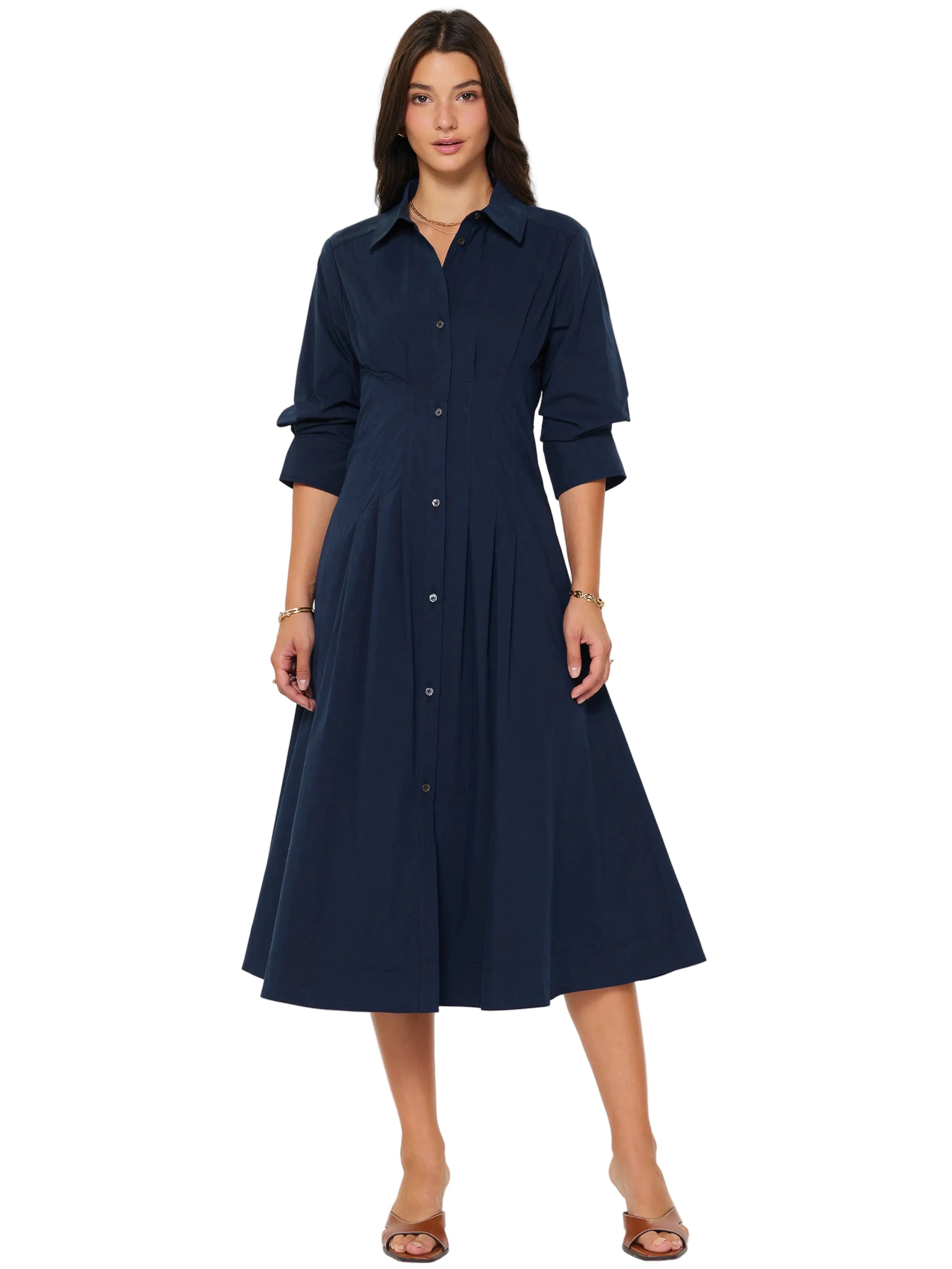 Navy Button Down A-line Midi Dress
