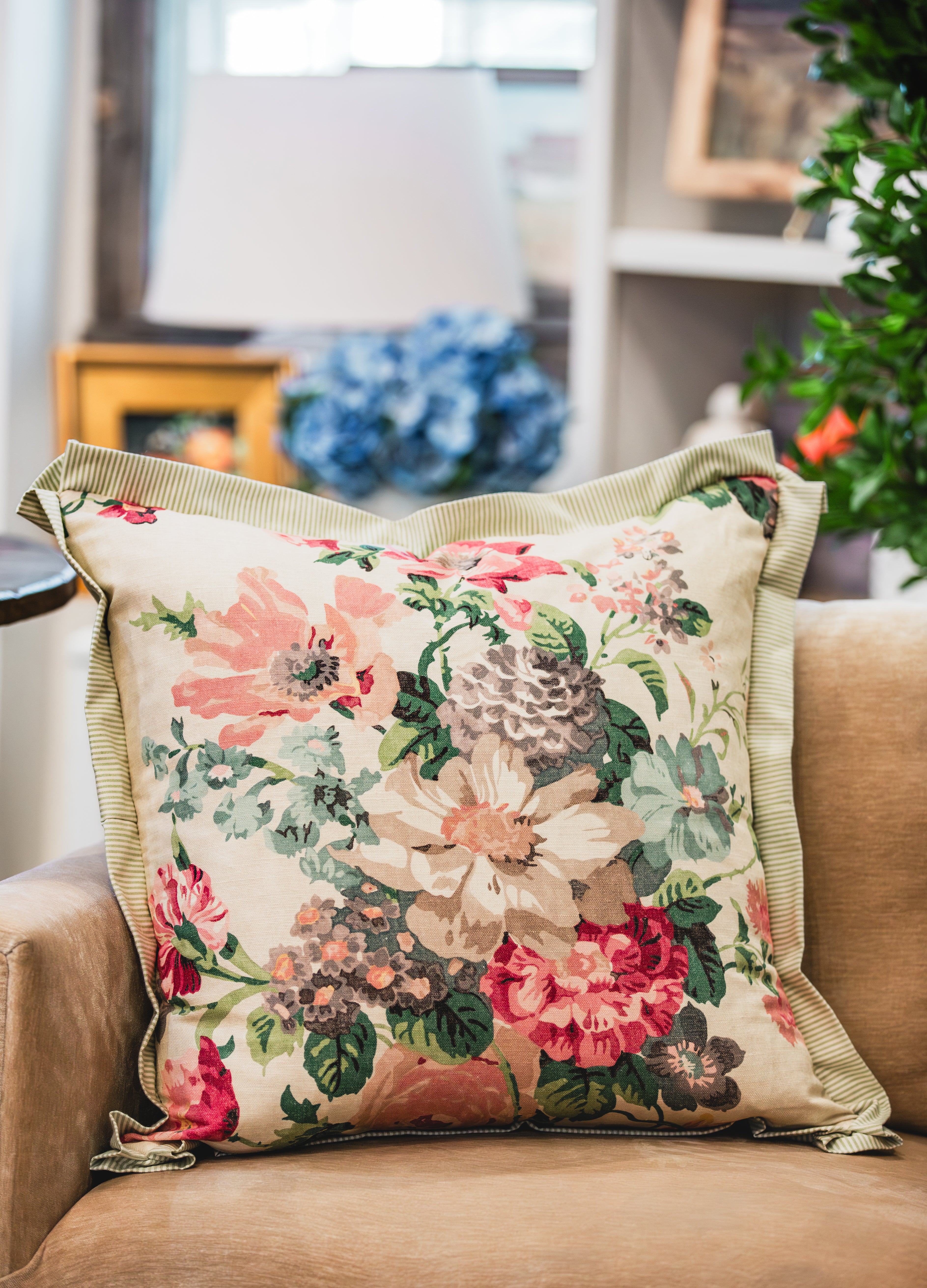 Hathaway Print Berry with Pleated Edge Pillow - Lee Jofa