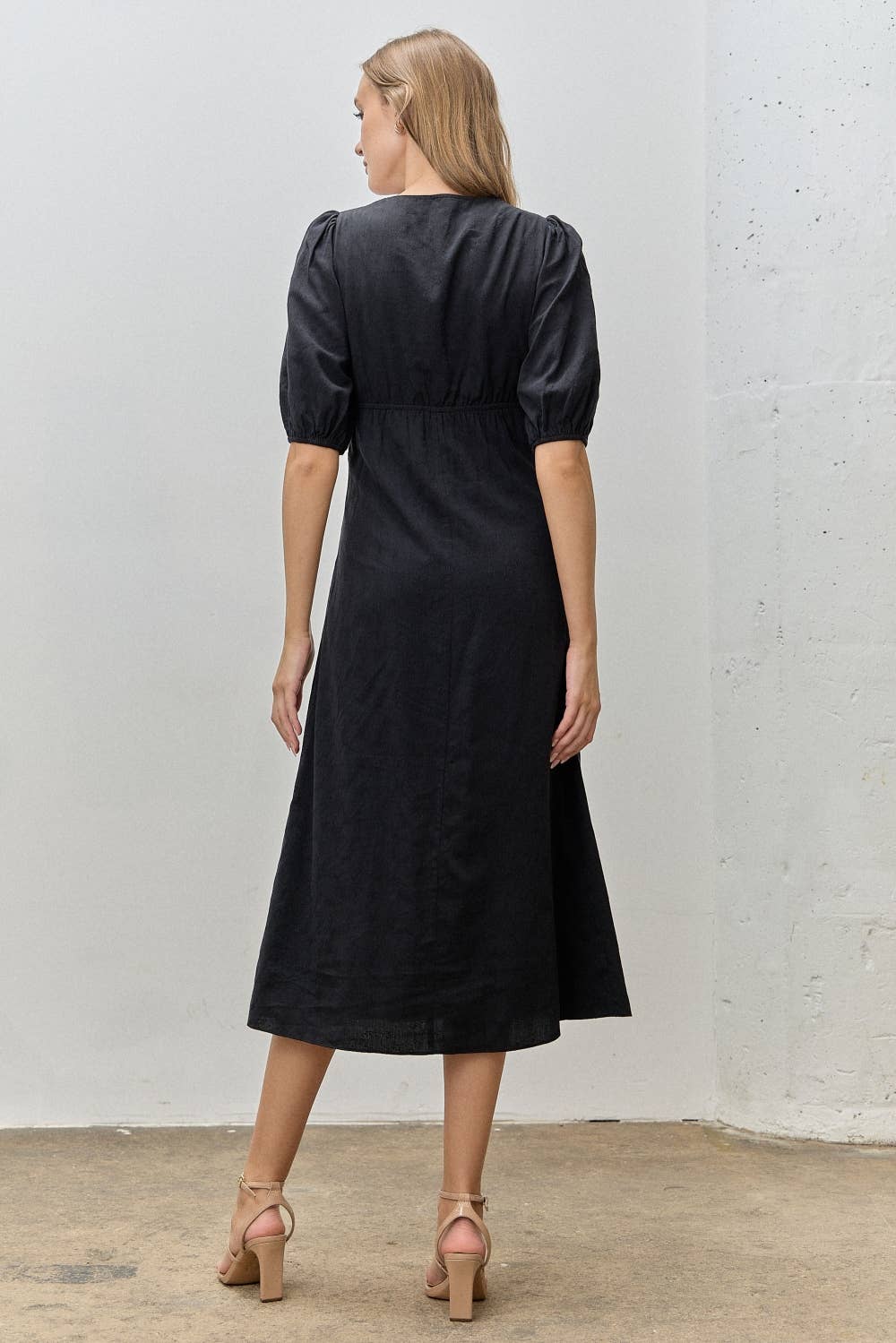 Jacquard Woven Lace Trim Tie Midi Dress Black