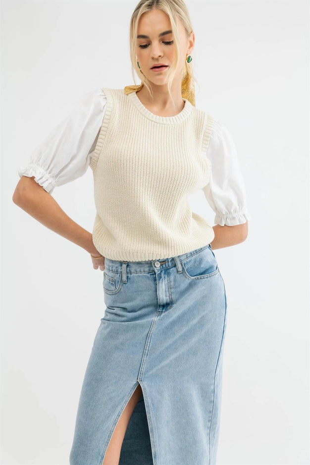 Twofer Puff Sleeve Sweater Blouse