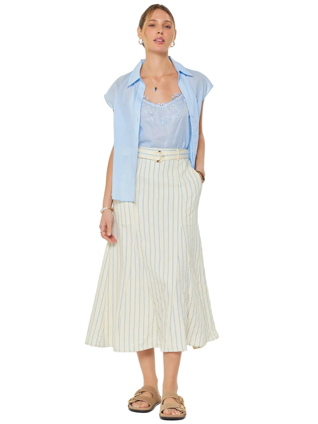 Striped Godet Maxi Skirt with Belt