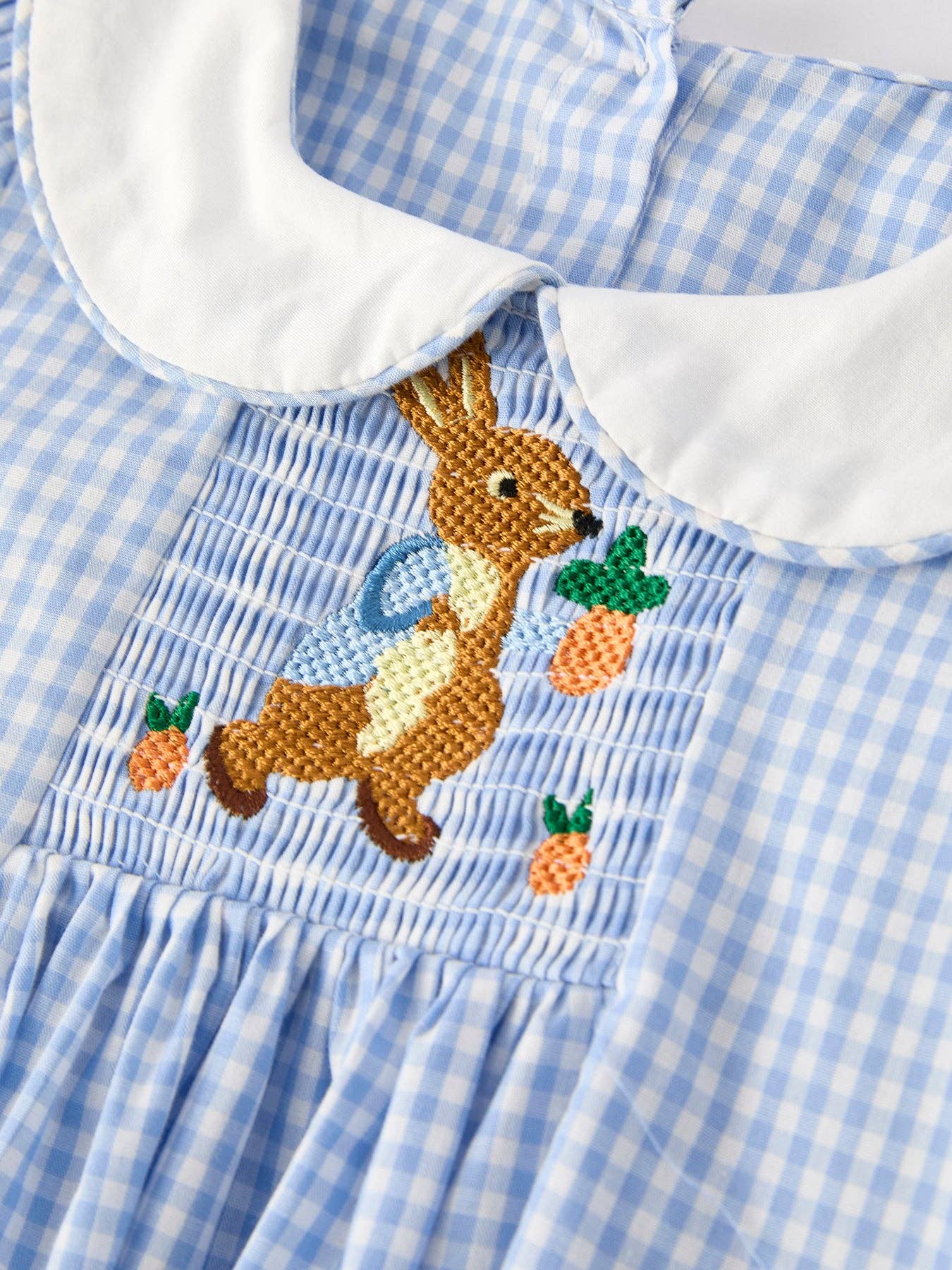 Blue Rabbit Embroidery Plaid Collar Dress