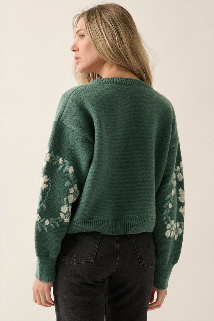 Floral Circle Pattern Round Neck Relax Fit Sweater