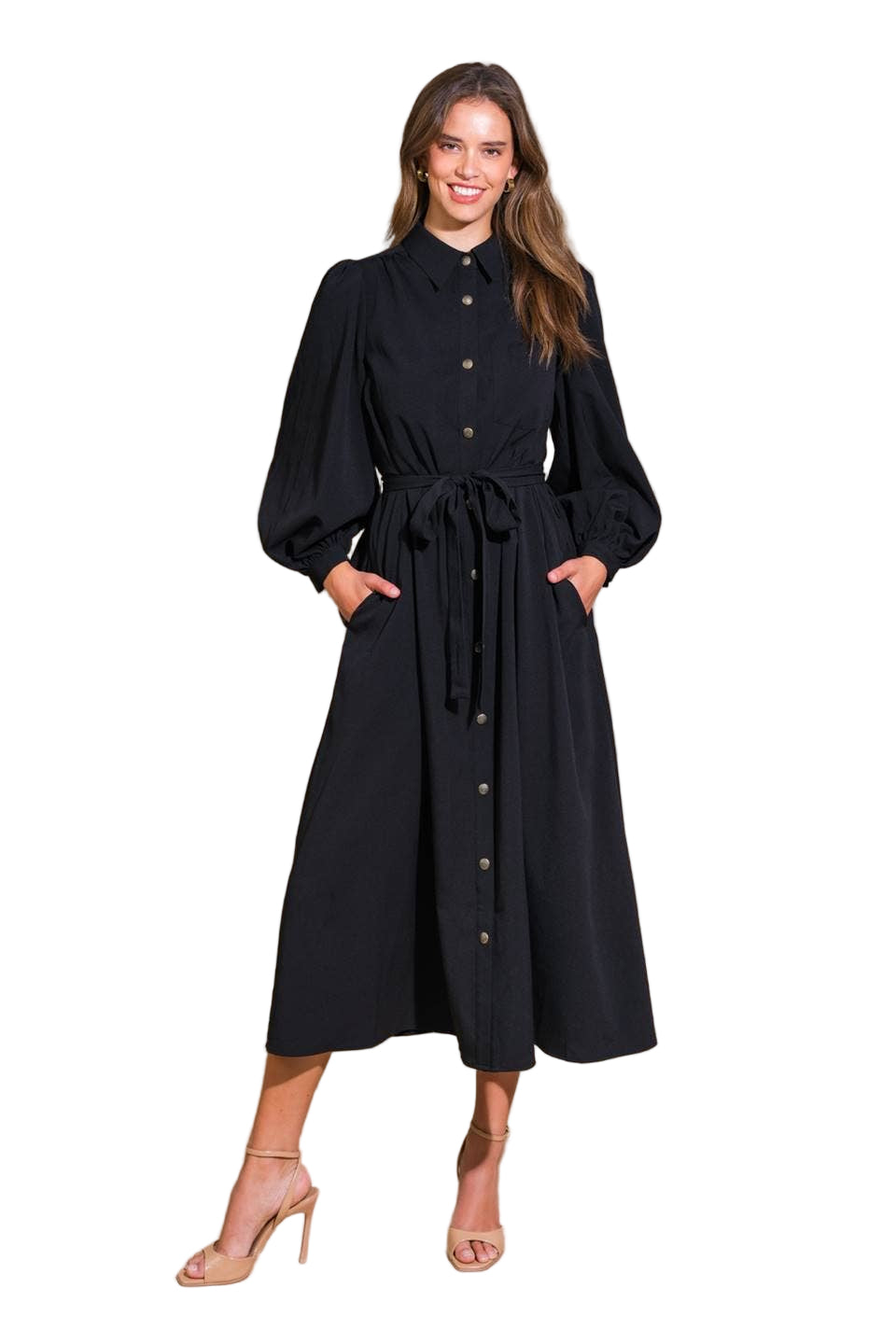 Solid Woven Black Midi Dress